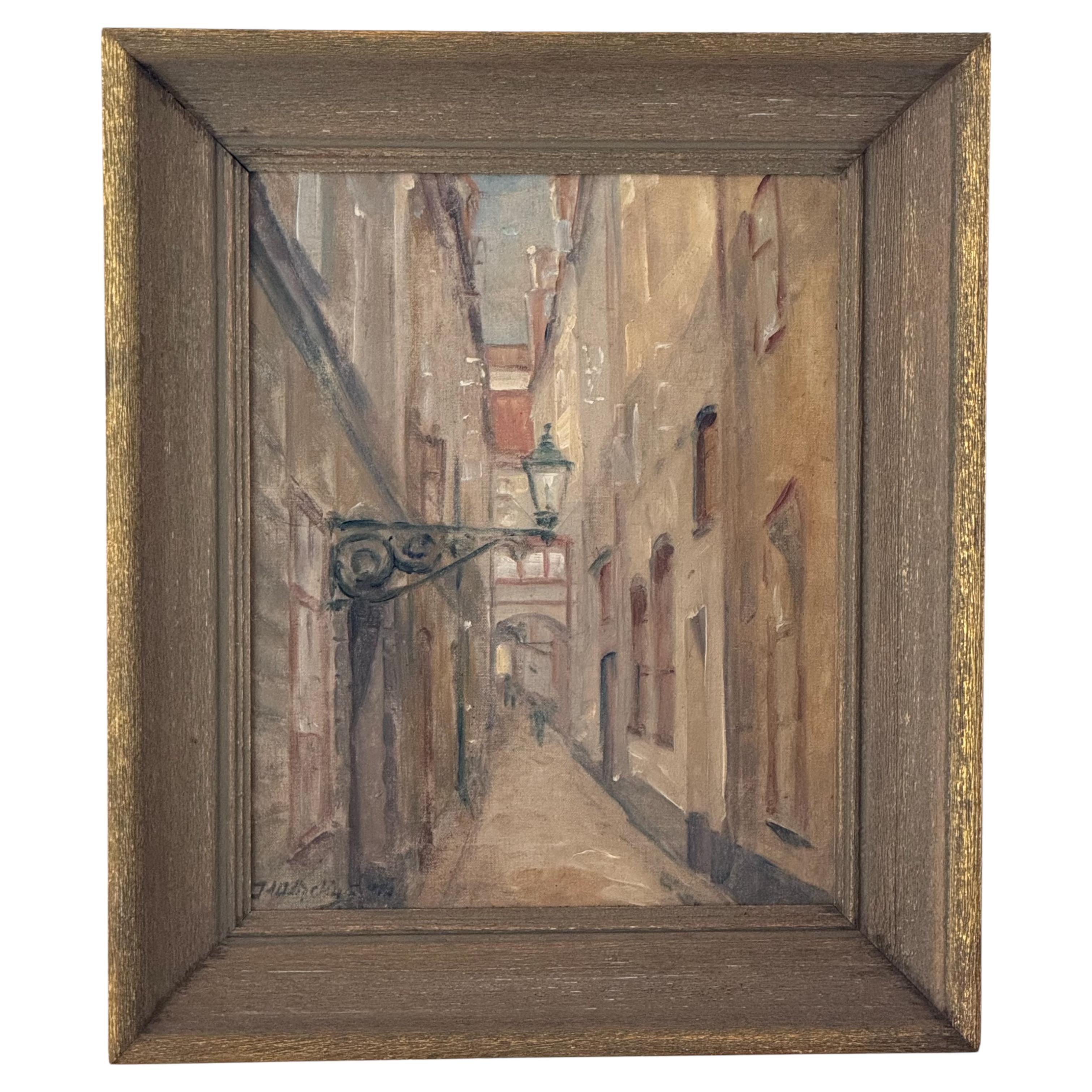 1950s Framed Oil Painting of a European City Street