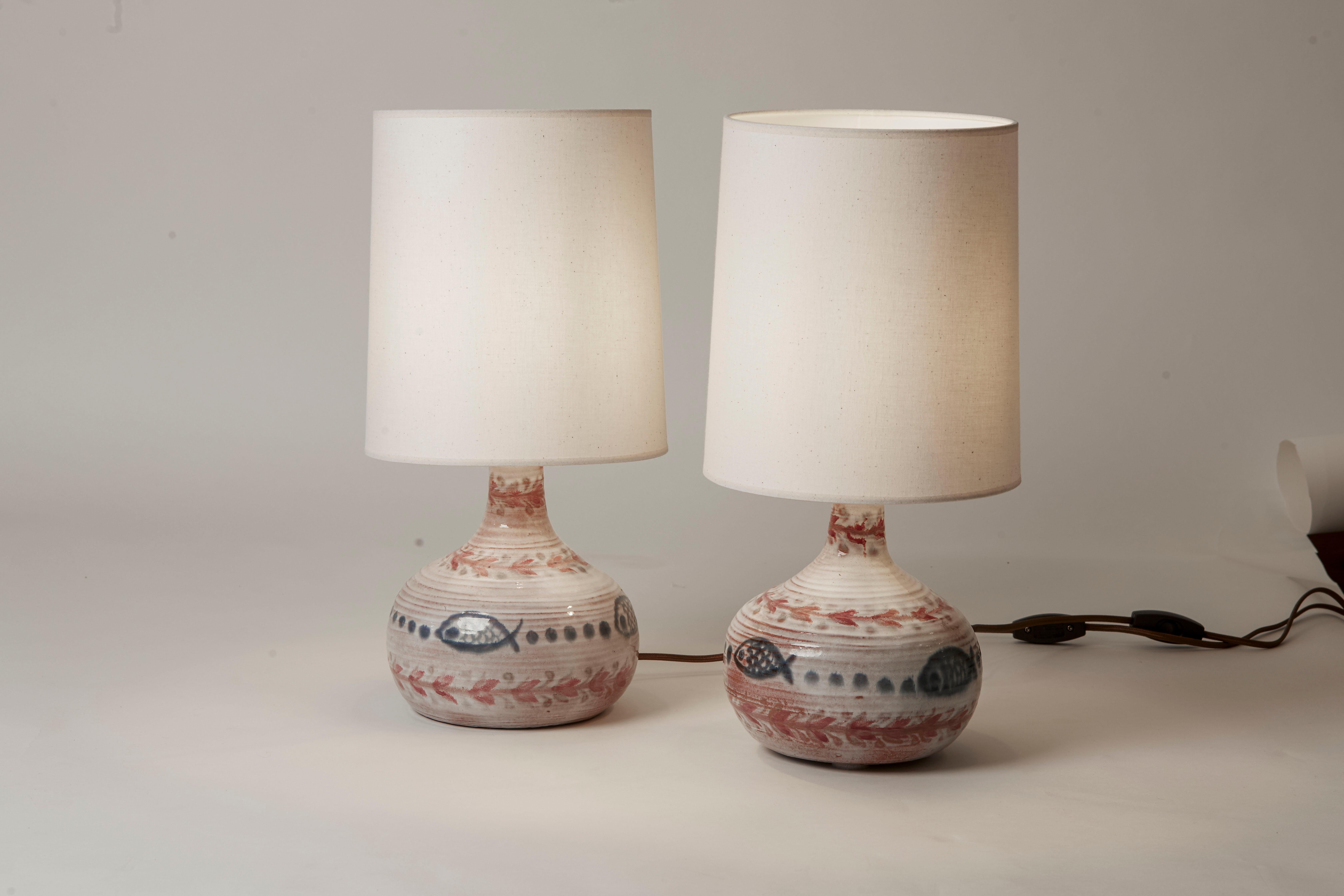 Mid-20th Century 1950's France Pair Petite Ceramic Lamps & Shade with Fish Motif