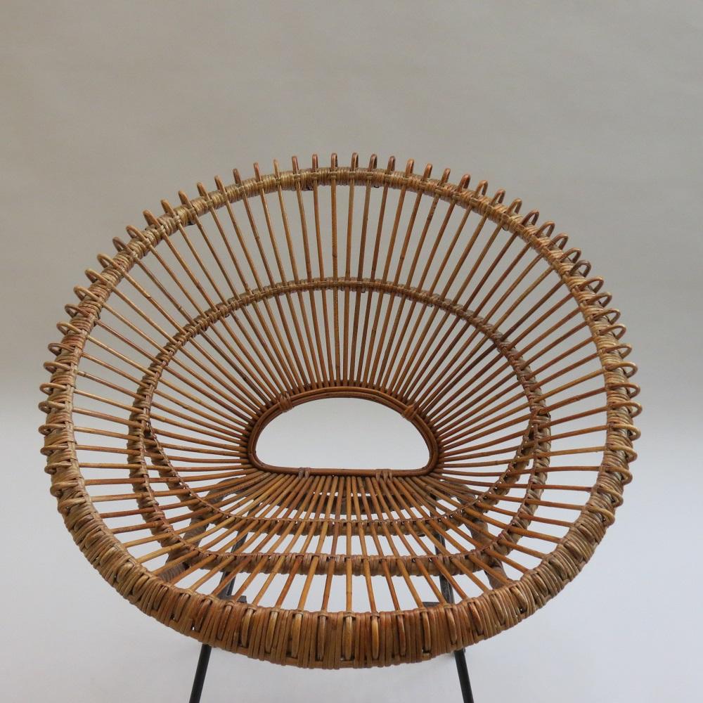 Mid-Century Modern 1950s Franco Albini Rattan Cane and Metal Chair Sunburst design