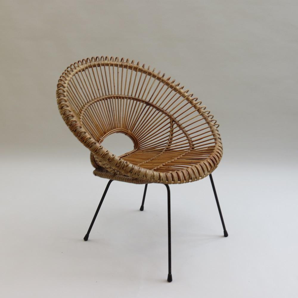 Italian 1950s Franco Albini Rattan Cane and Metal Chair Sunburst design