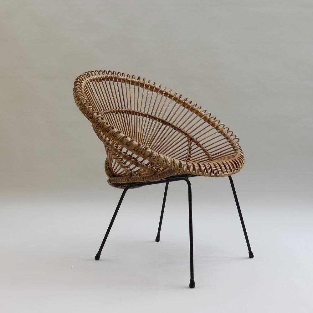 Machine-Made 1950s Franco Albini Rattan Cane and Metal Chair Sunburst design