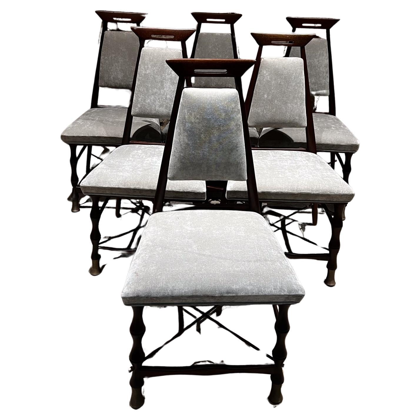 1950s Frank Kyle Set of Six Gray Dining Chairs Sculptural Mexican Mahogany For Sale