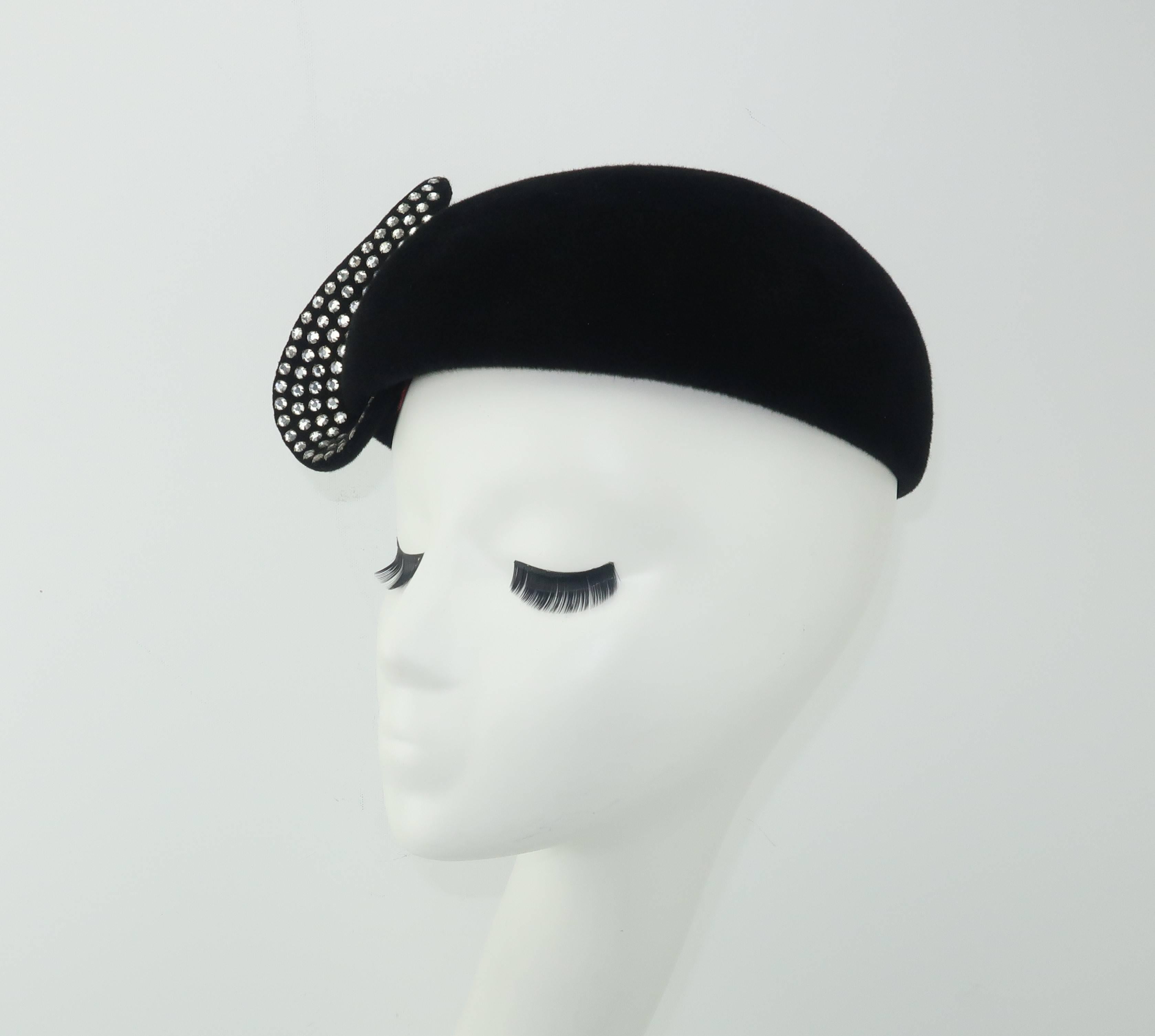 Women's Frank Olive Black Wool Skull Cap With Rhinestone Curlicue, 1950s 