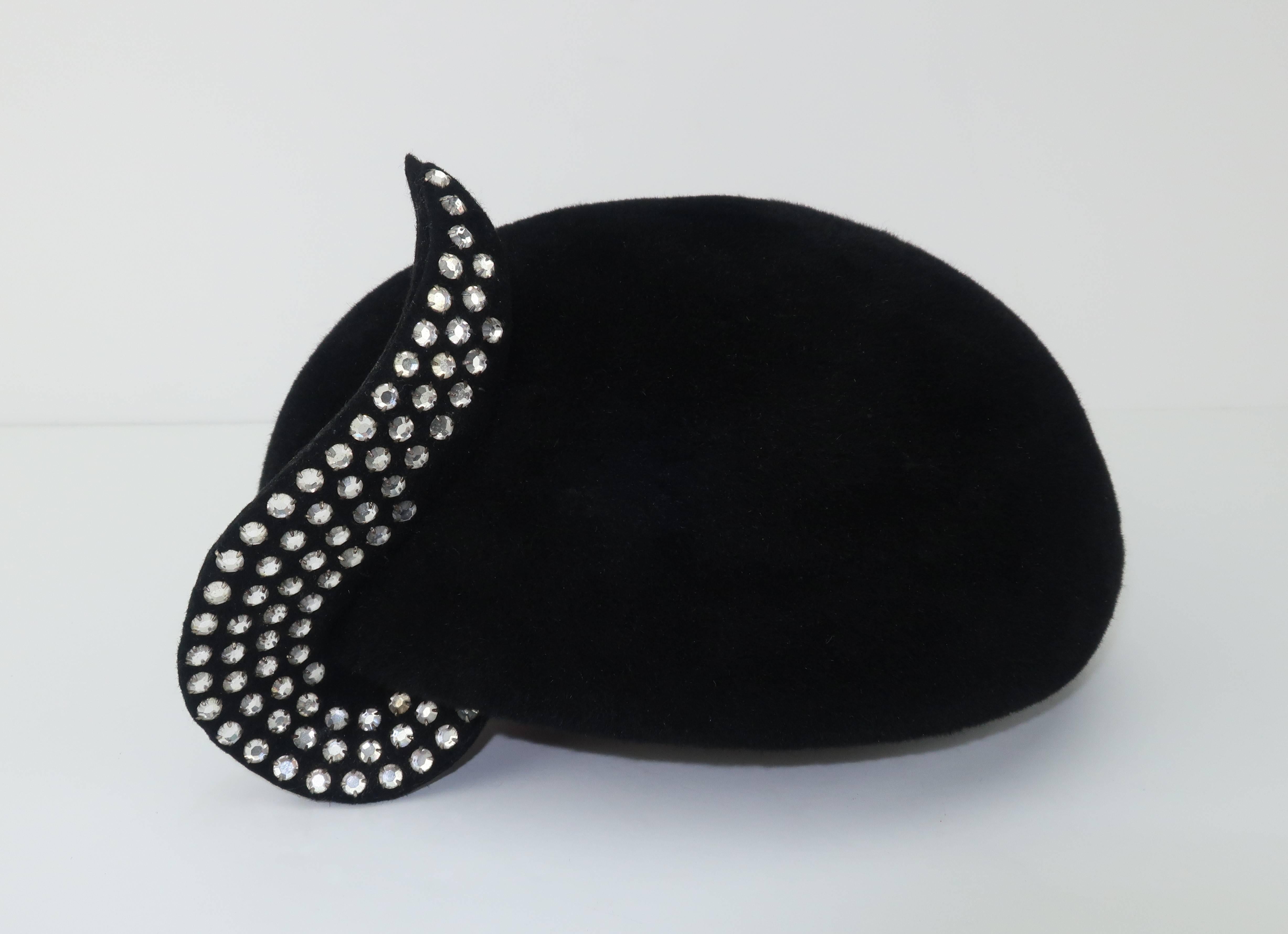 Frank Olive Black Wool Skull Cap With Rhinestone Curlicue, 1950s  1