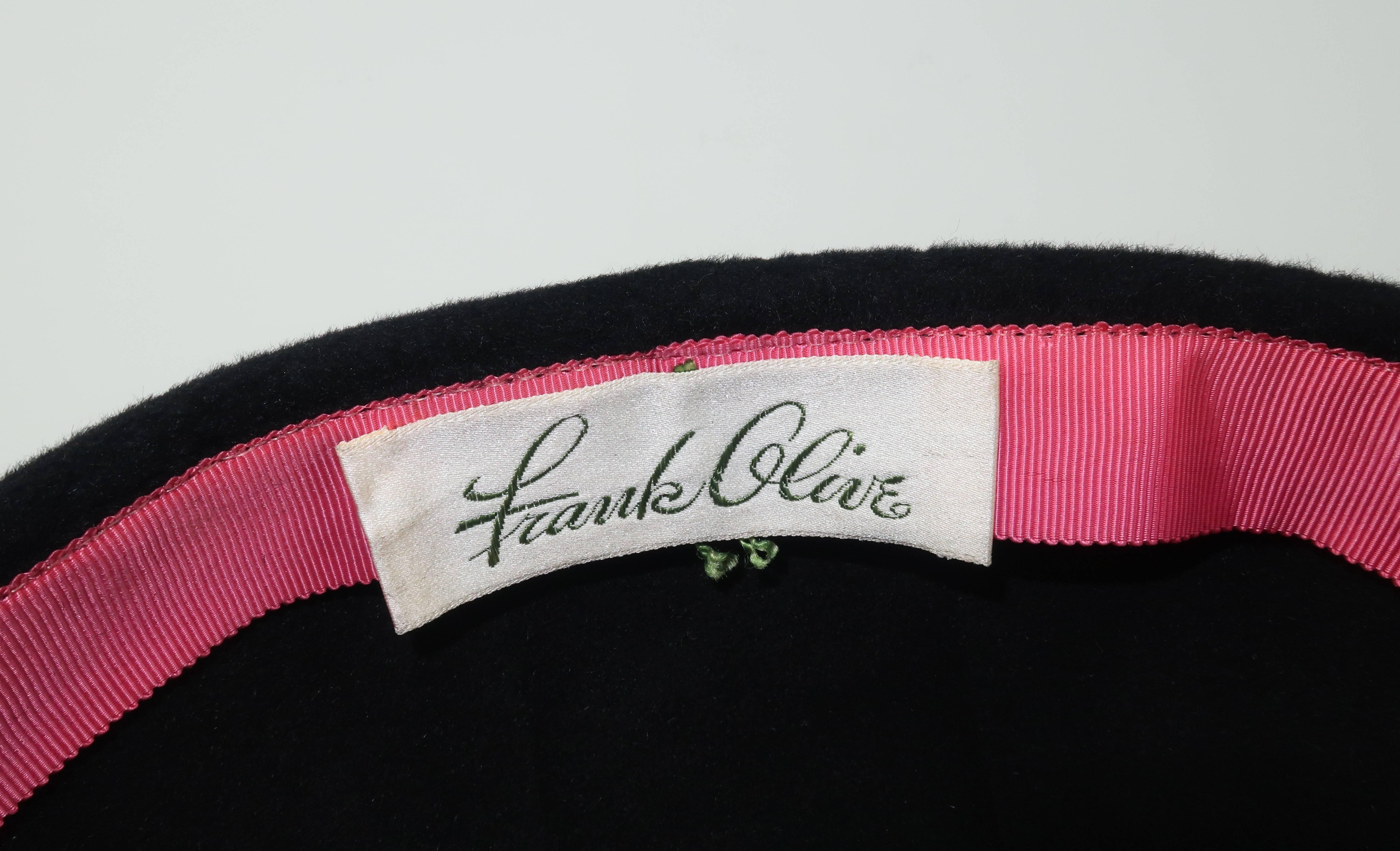Frank Olive Black Wool Skull Cap With Rhinestone Curlicue, 1950s 3