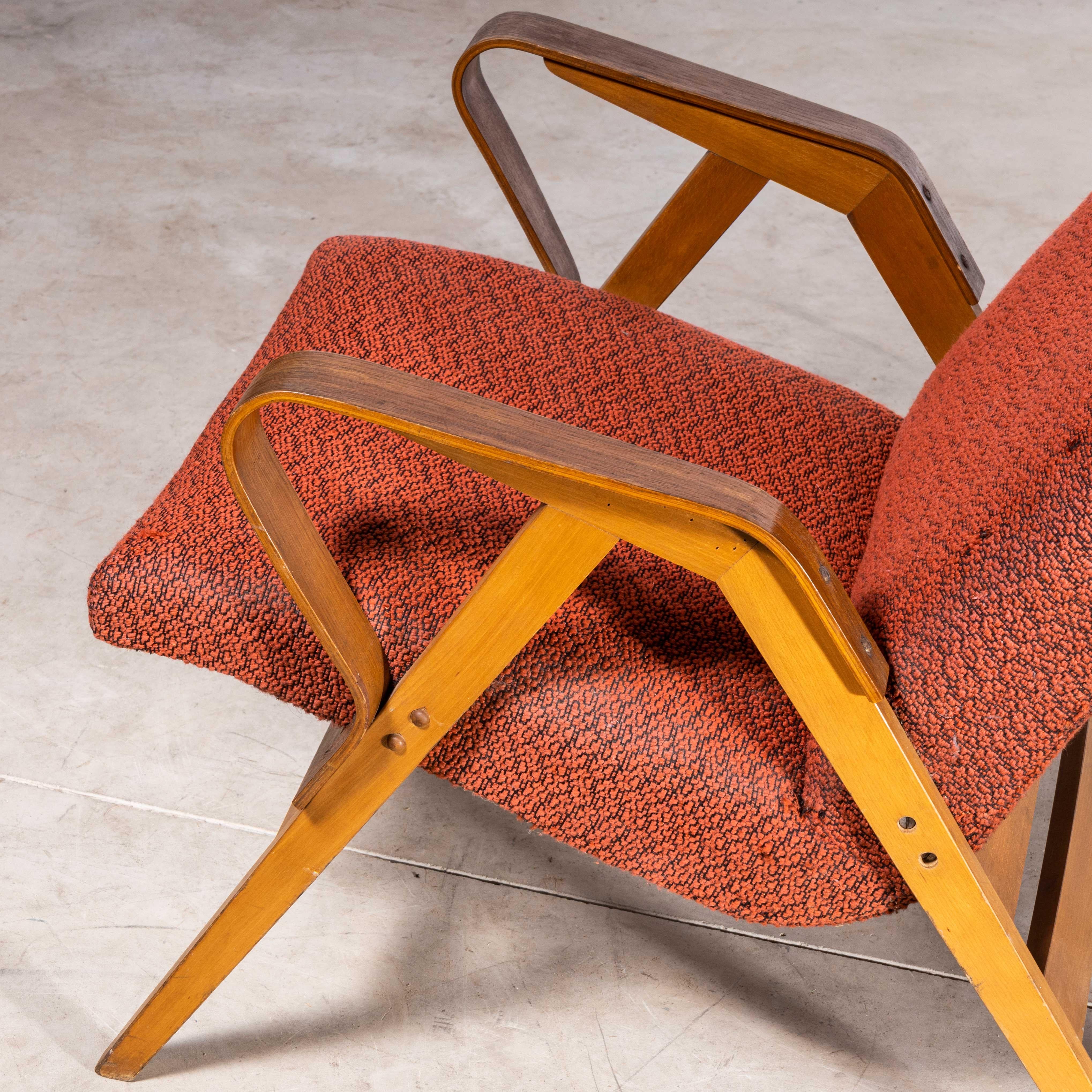 1950s Frantisek Jirak Upholstered Armchairs Pair in Deep Red For Sale 5