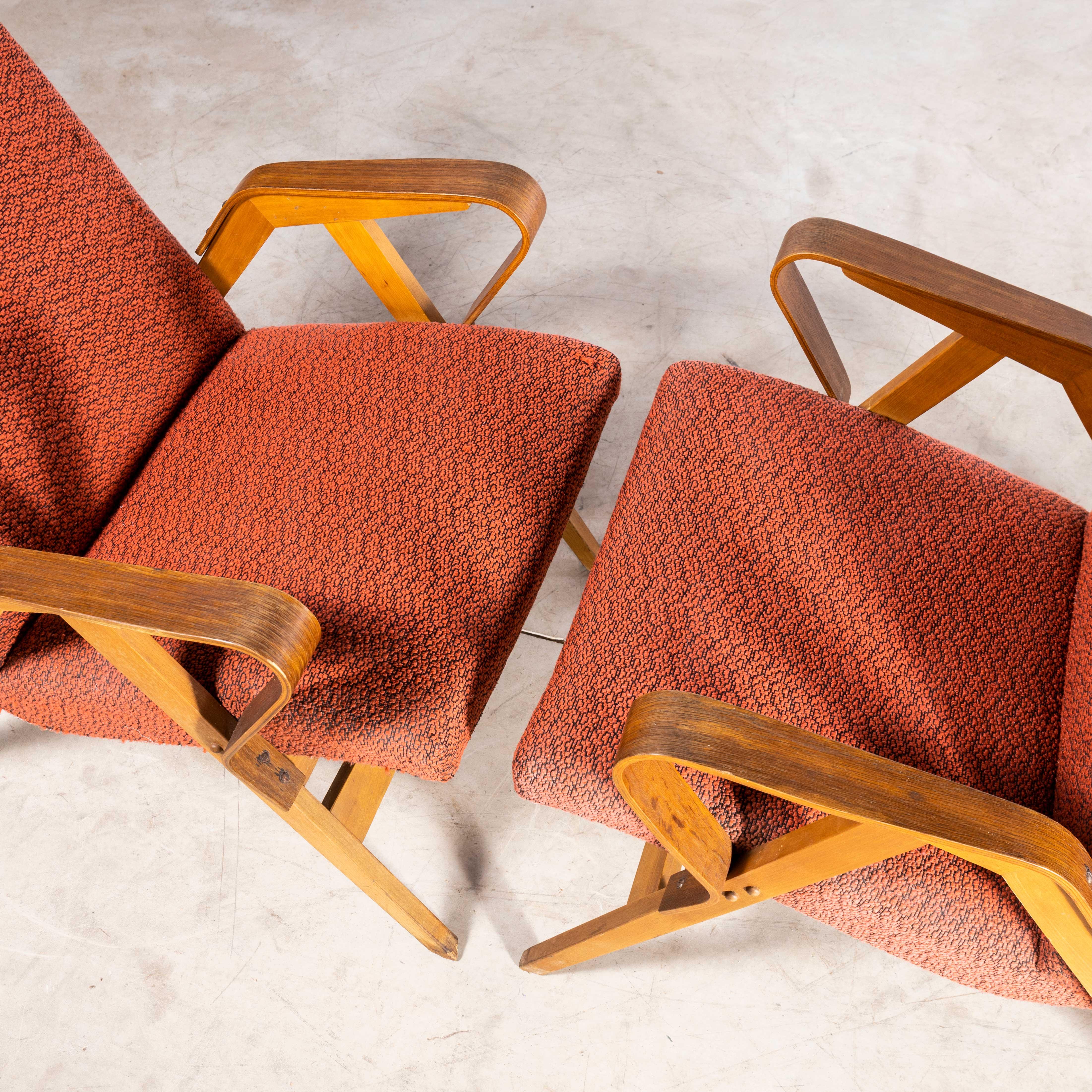 Upholstery 1950s Frantisek Jirak Upholstered Armchairs Pair in Deep Red For Sale