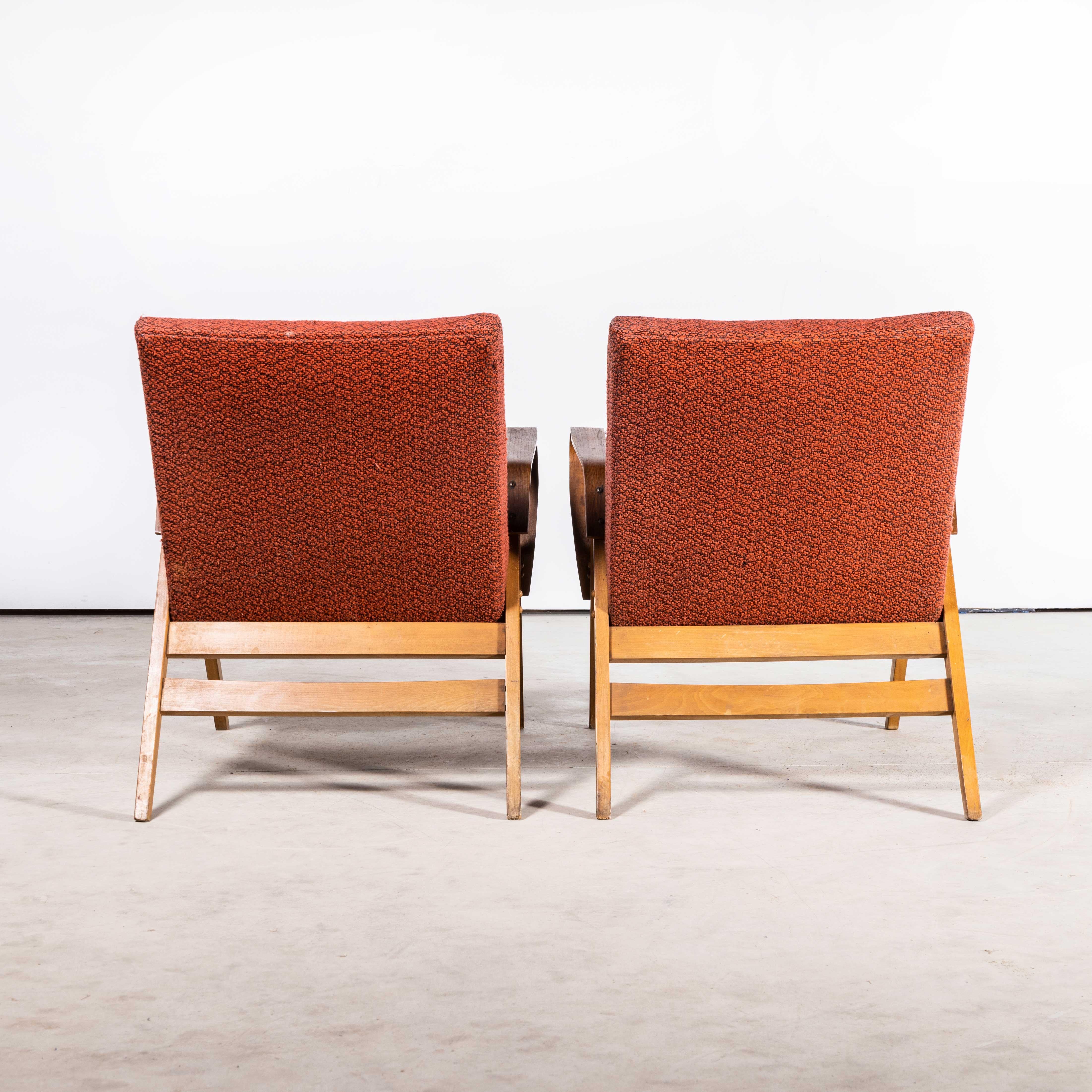 1950s Frantisek Jirak Upholstered Armchairs Pair in Deep Red For Sale 2
