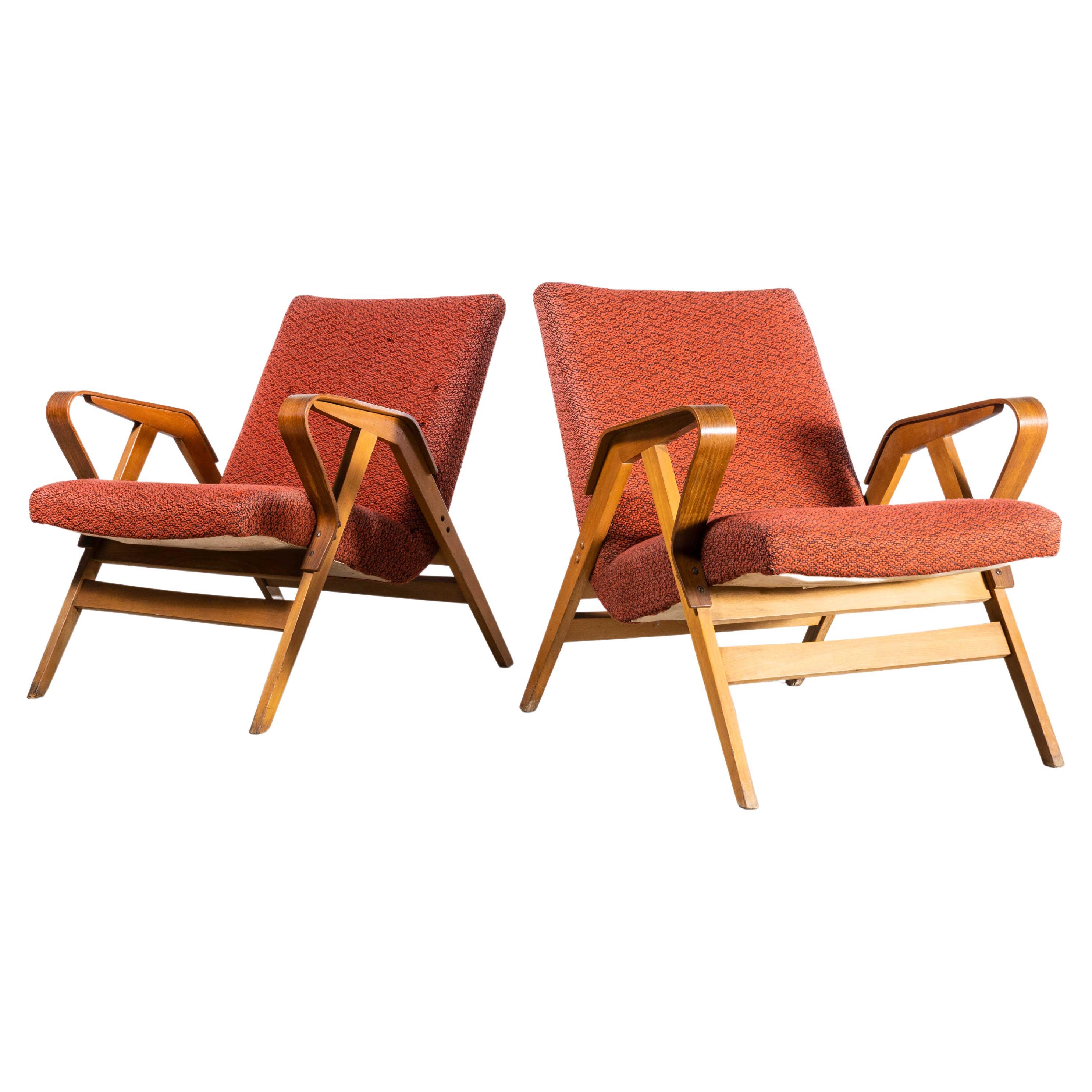1950s Frantisek Jirak Upholstered Armchairs Pair in Deep Red For Sale