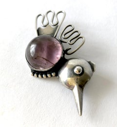 1950s Franz Bergmann American Modernist Sterling Silver Amethyst Bird Brooch