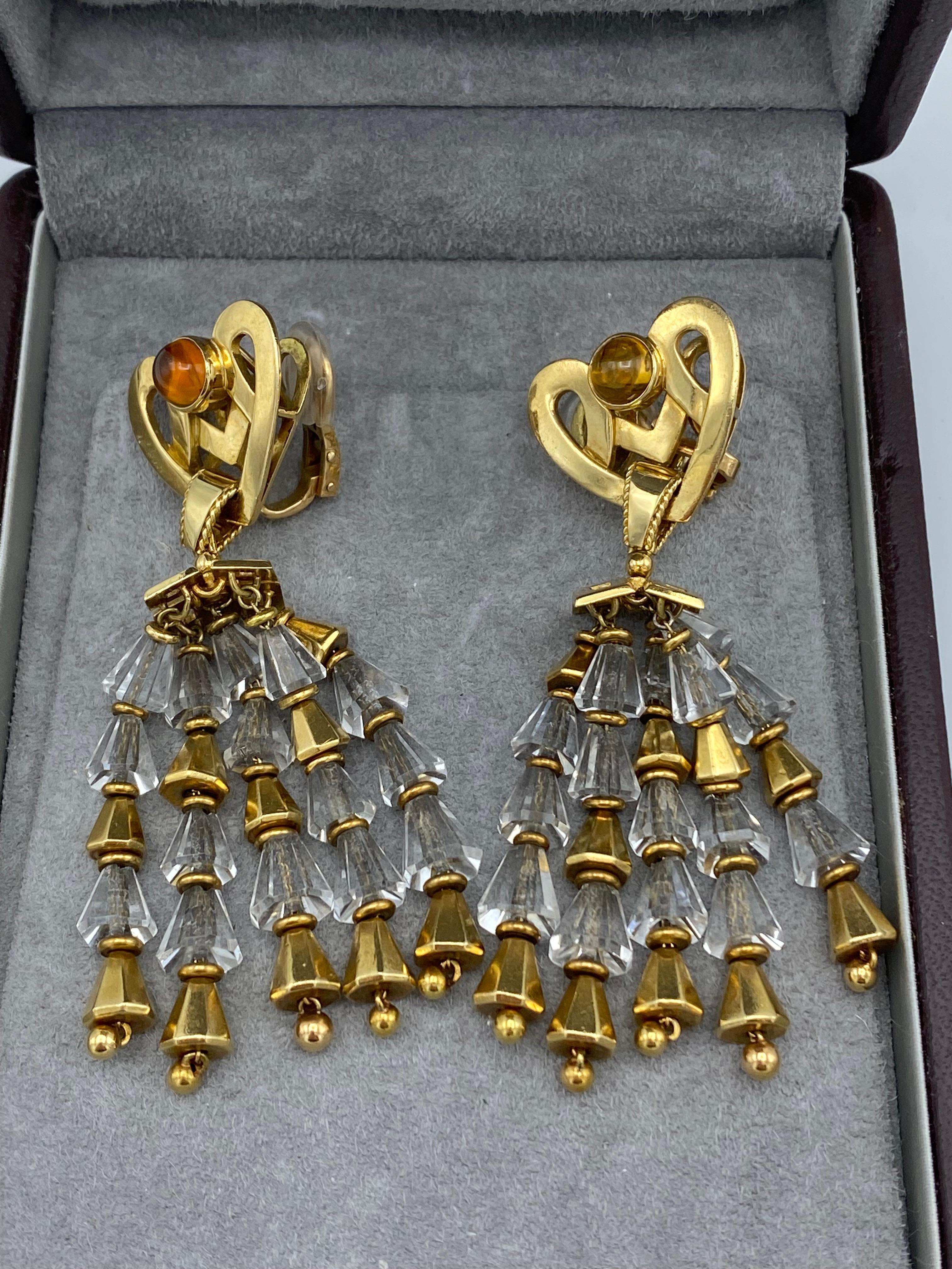 Round Cut 1950's Fred Leighton Yellow Gold, Citrine & Rock Crystal Dangle Earrings For Sale