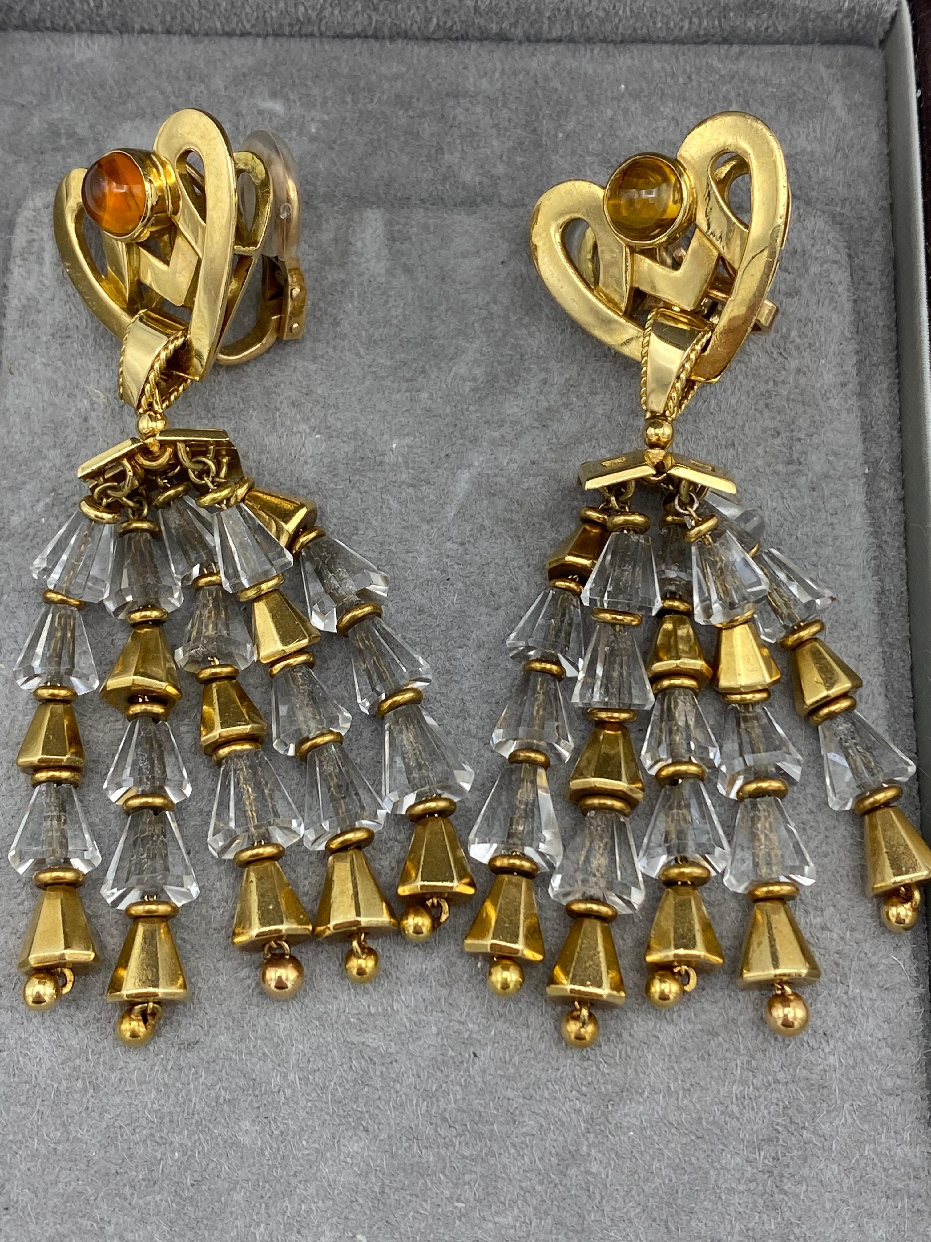 1950's Fred Leighton Yellow Gold, Citrine & Rock Crystal Dangle Earrings In Excellent Condition For Sale In Beverly Hills, CA
