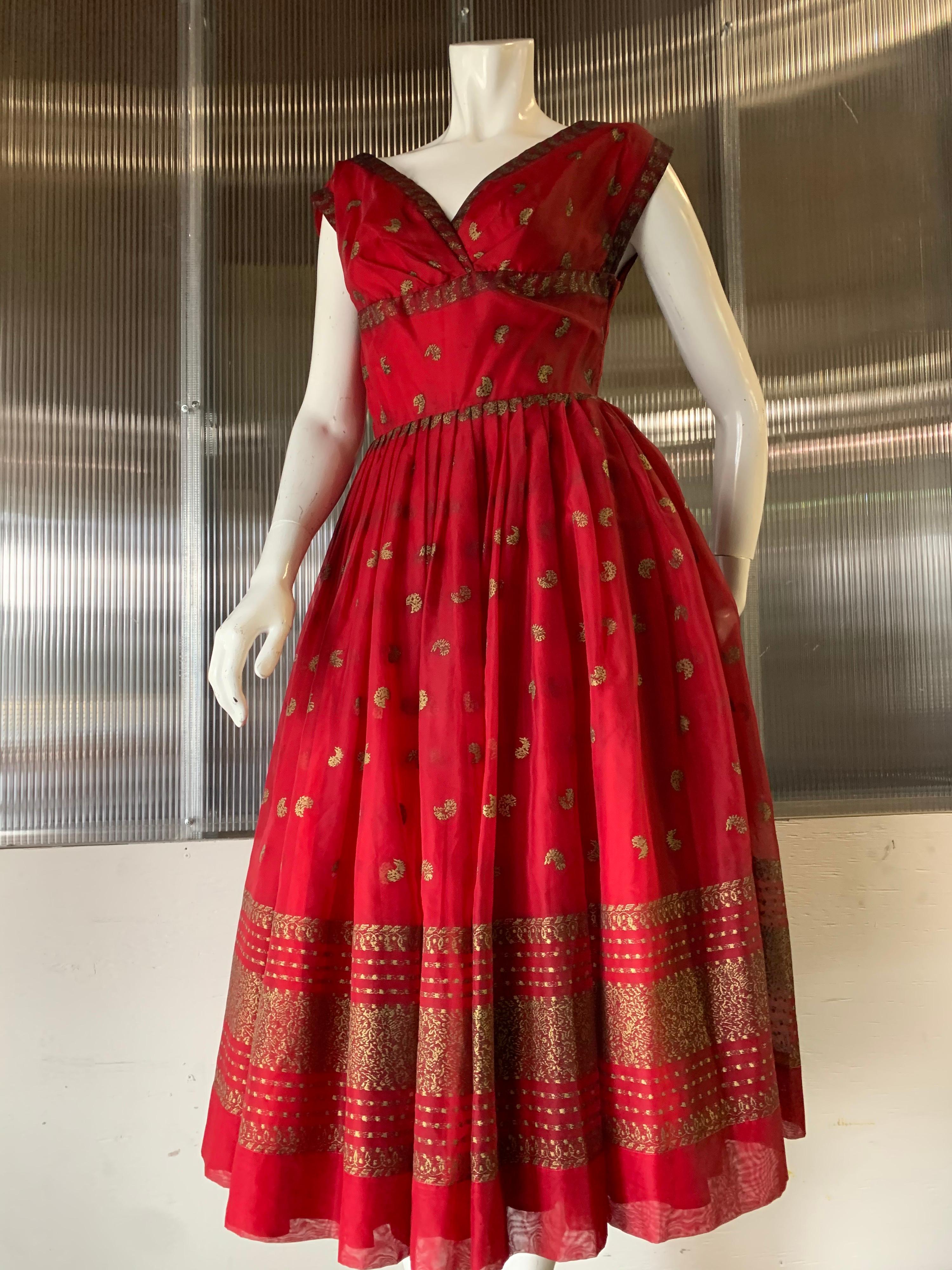 1950 Fred Perlberg Crimson Indian-Inspired Dancing Dress W/ Full Skirt  For Sale 2