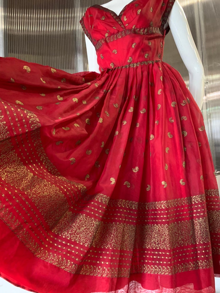 Red 1950 Fred Perlberg Crimson Indian-Inspired Dancing Dress W/ Full Skirt  For Sale