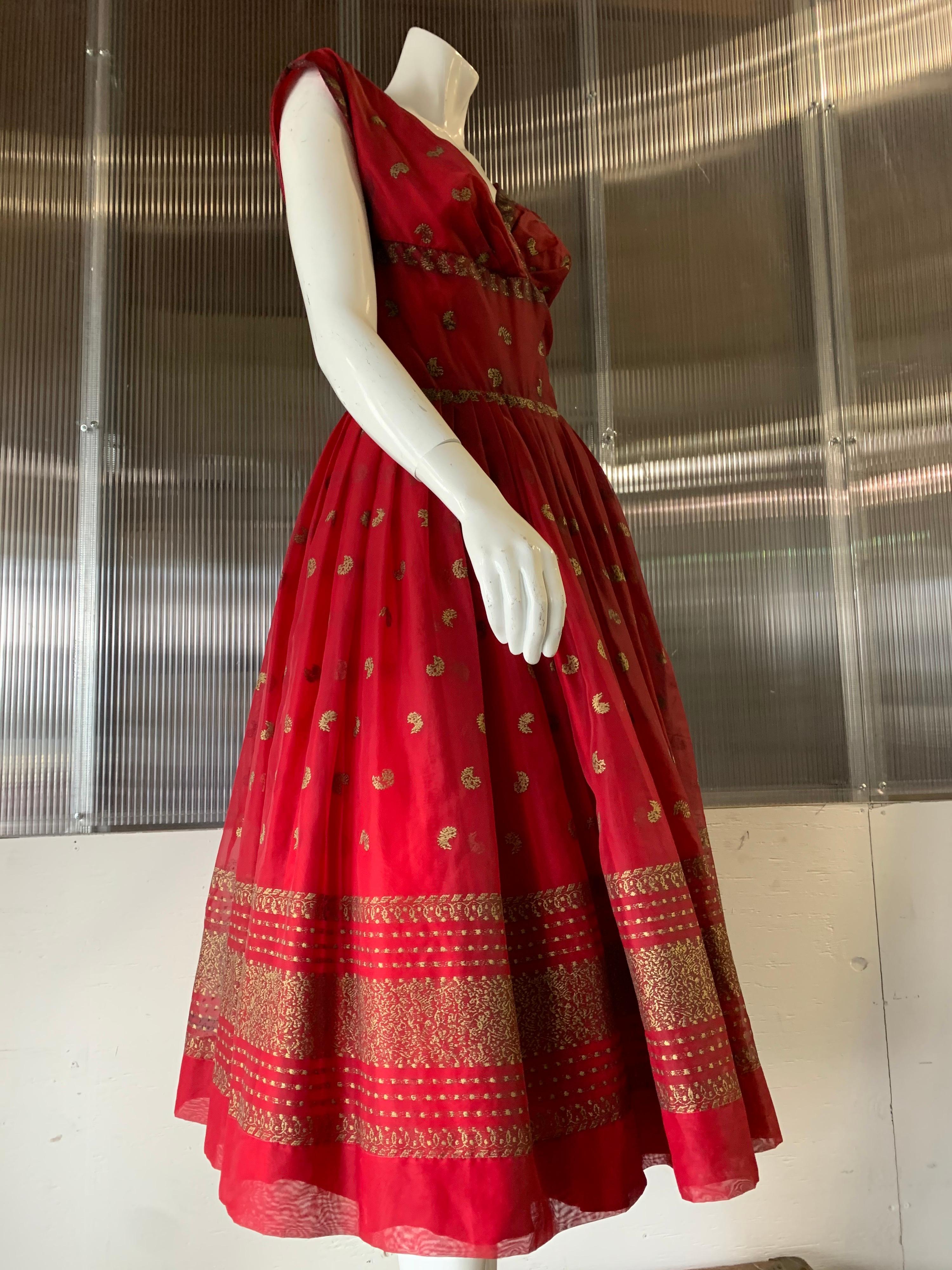 1950 Fred Perlberg Crimson Indian-Inspired Dancing Dress W/ Full Skirt  For Sale 1