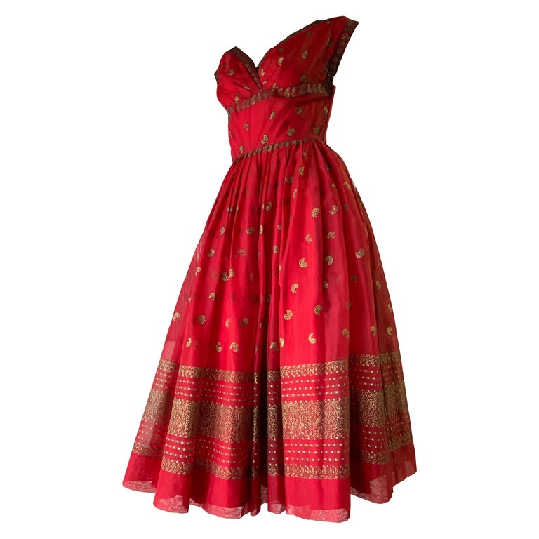 1950 Fred Perlberg Crimson Indian-Inspired Dancing Dress W/ Full Skirt  For Sale