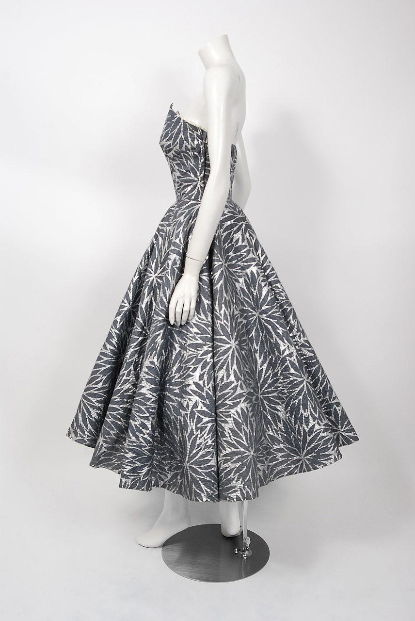 Vintage 1950's Fred Perlberg Metallic Floral Cotton Strapless Dress & Bolero  In Good Condition In Beverly Hills, CA