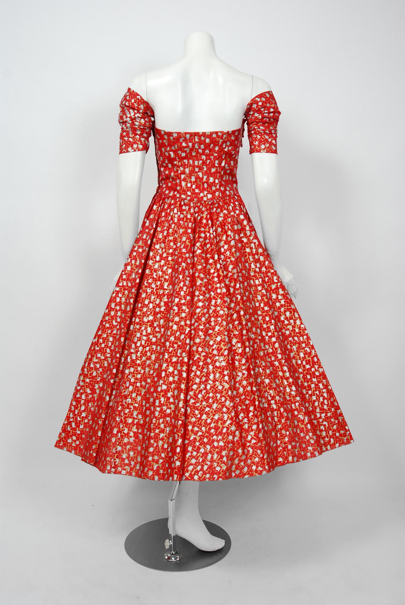 1950's Fred Perlberg Red Atomic Print Metallic Silk Ruched Circle-Skirt Dress  2