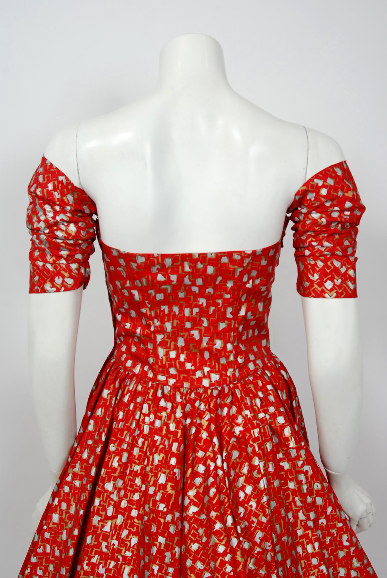 1950's Fred Perlberg Red Atomic Print Metallic Silk Ruched Circle-Skirt Dress  3