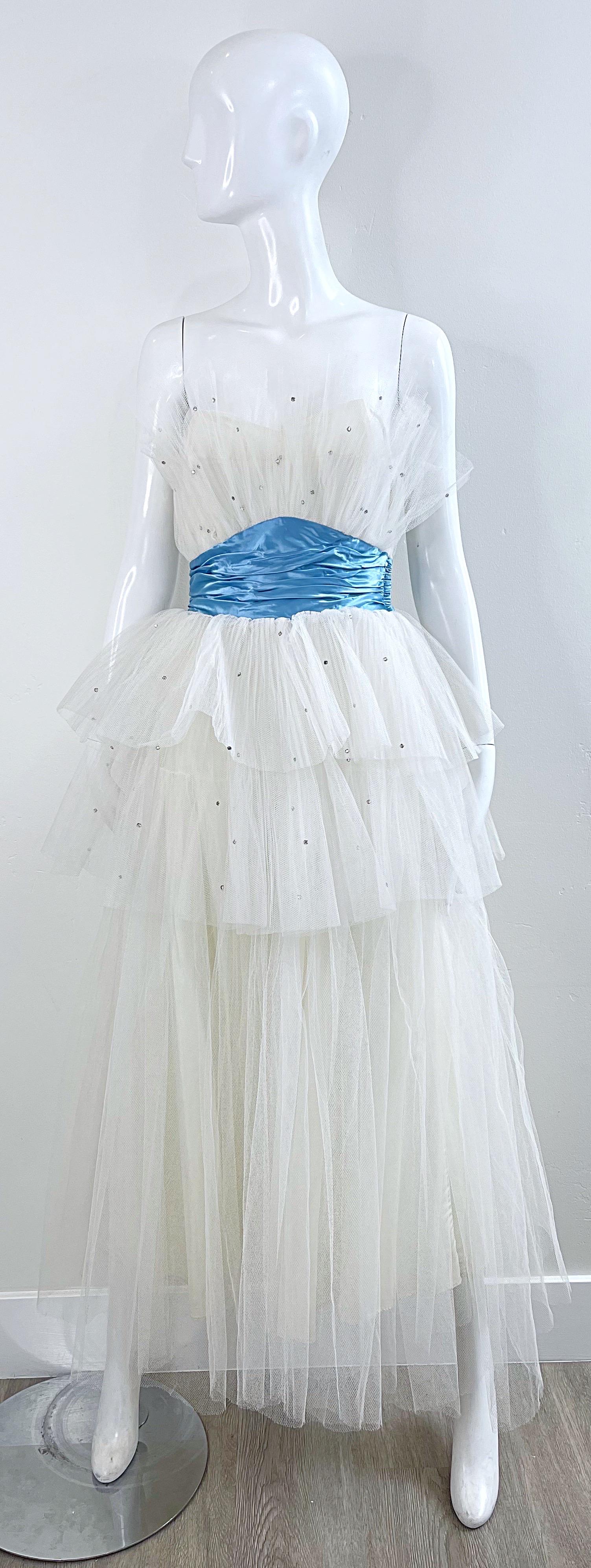 1950s Fred Perlberg Size 0 XS White Blue Rhinestone Tulle Vintage 50s Gown Dress For Sale 6