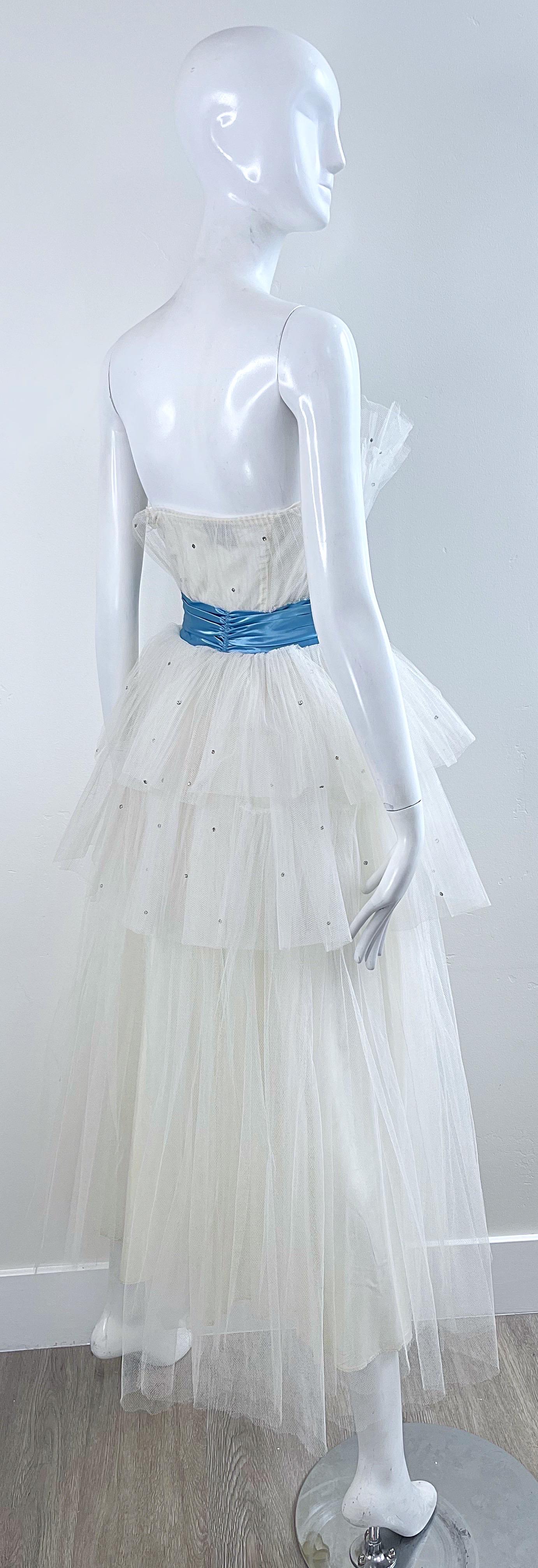 1950s Fred Perlberg Size 0 XS White Blue Rhinestone Tulle Vintage 50s Gown Dress For Sale 1
