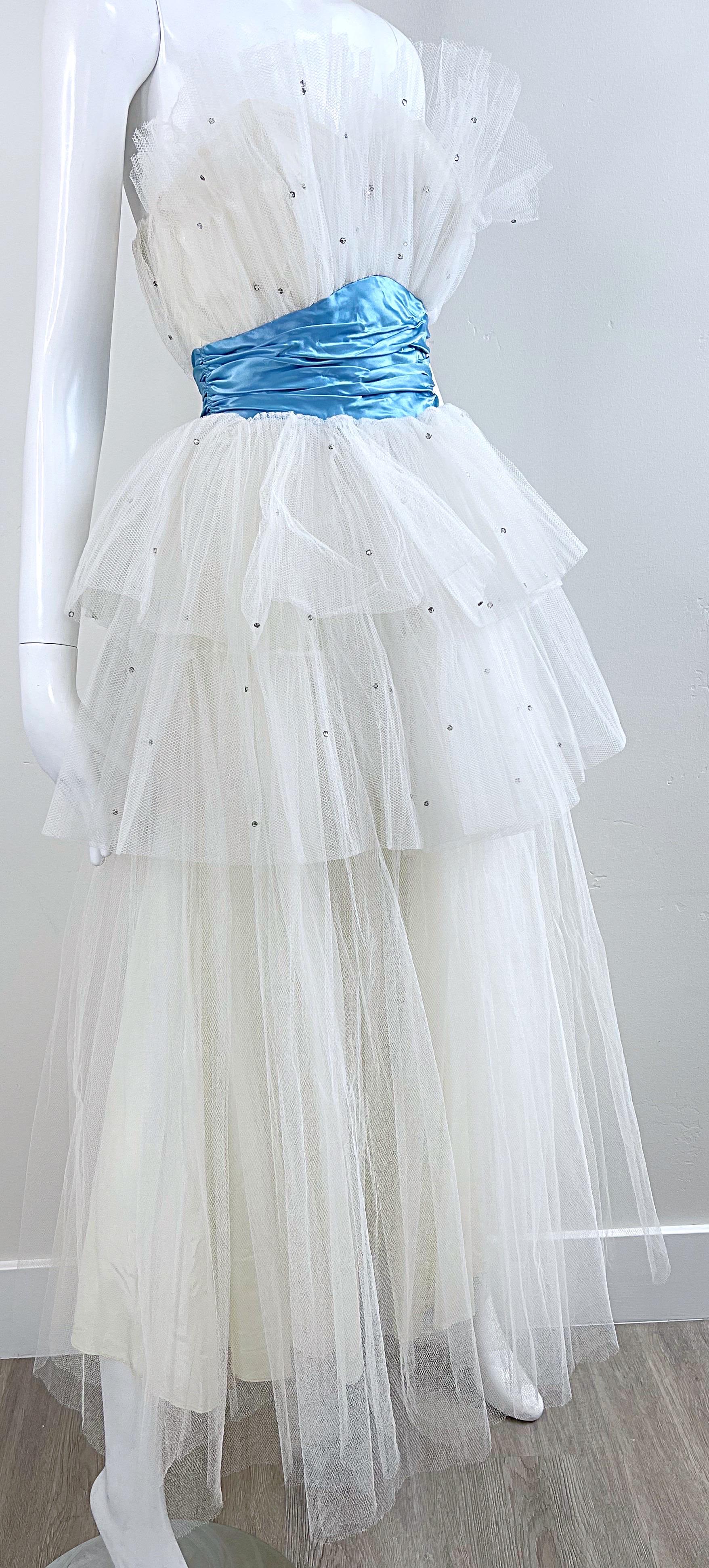 1950er Fred Perlberg Vintage 50er Jahre Kleid aus Tüll mit Strass Größe 0 XS in Weiß und Blau im Angebot 2