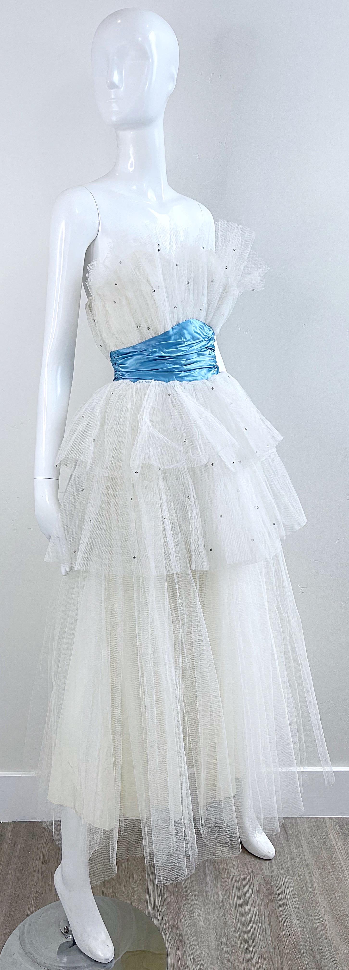 1950s Fred Perlberg Size 0 XS White Blue Rhinestone Tulle Vintage 50s Gown Dress For Sale 4