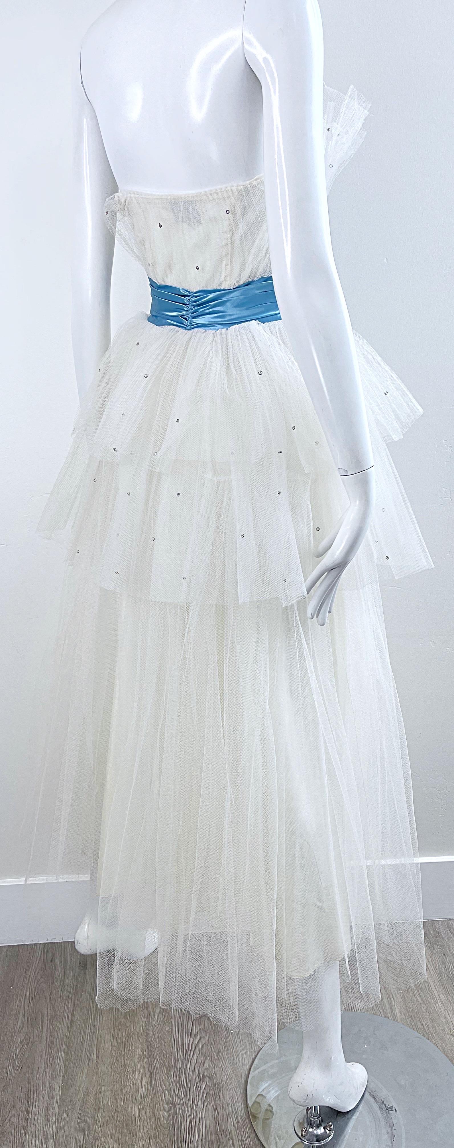 1950s Fred Perlberg Size 0 XS White Blue Rhinestone Tulle Vintage 50s Gown Dress For Sale 5