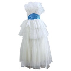 1950s Fred Perlberg Talla 0 XS Blanco Azul Rhinestone Tul Vintage 50s Vestido de gala