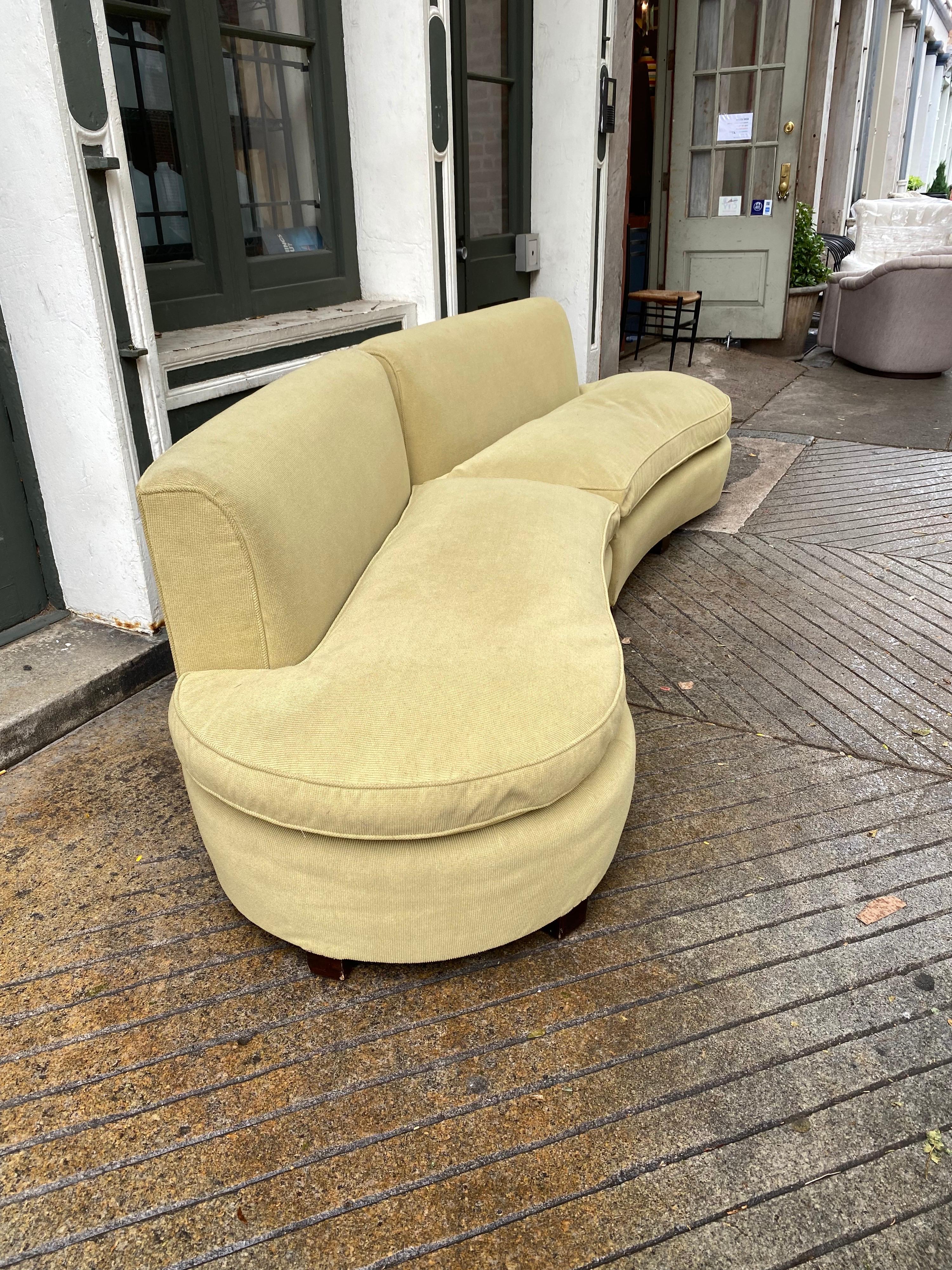 1950's free-form sectional sofa. Upholstered about 15 years ago, just bought back from customer. Sofa has been cleaned and ready to go for it's next Adventure! Pale Green Mango Color. Sofa can be used straight or set up in a corner with a table