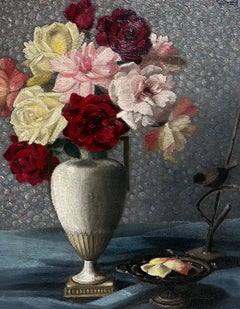 Flowers in Vase 1950's French Signed Oil Painting Interior Room Scene framed