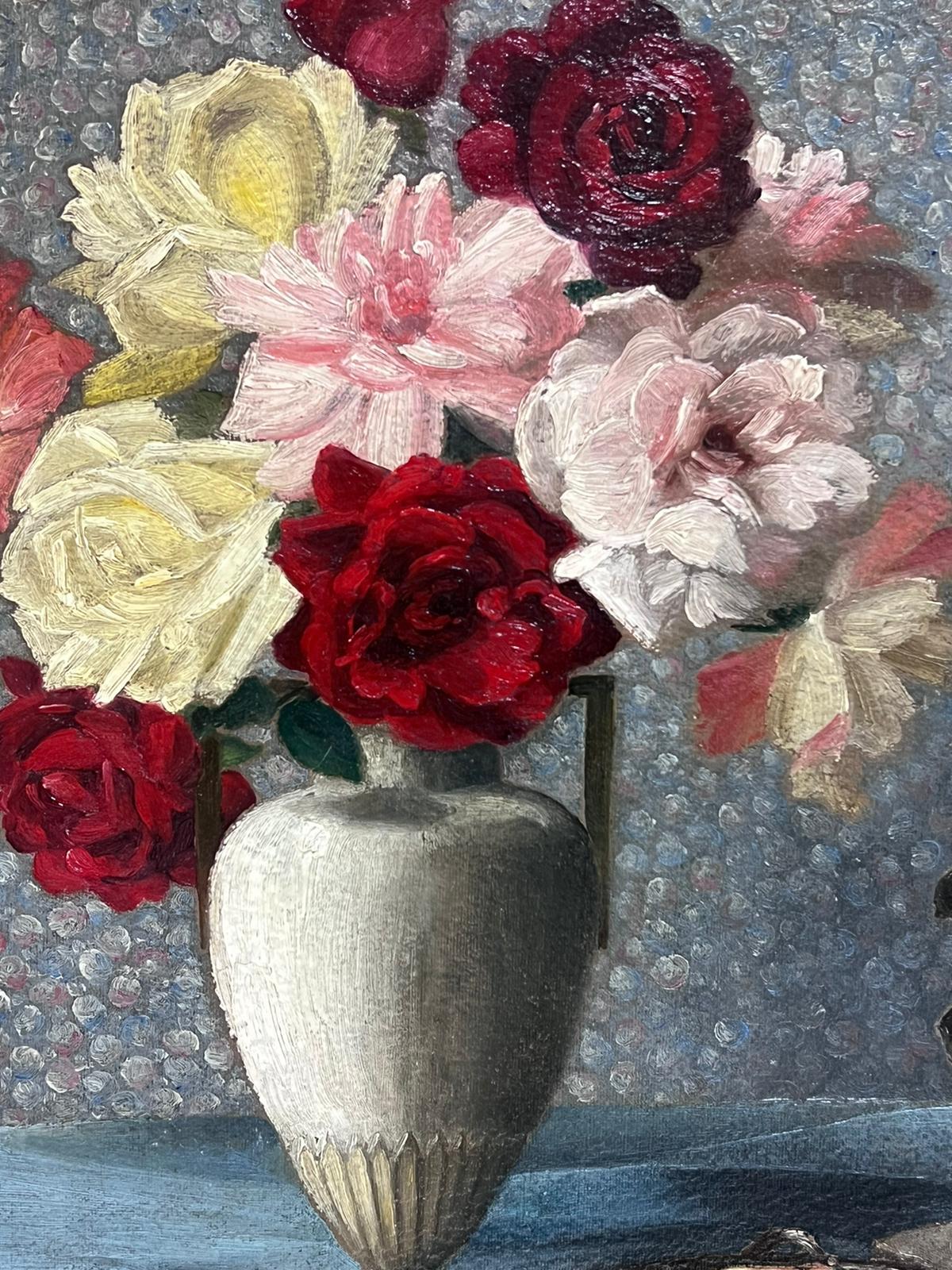 Flowers in Vase 1950's French Signed Oil Painting Interior Room Scene framed For Sale 3
