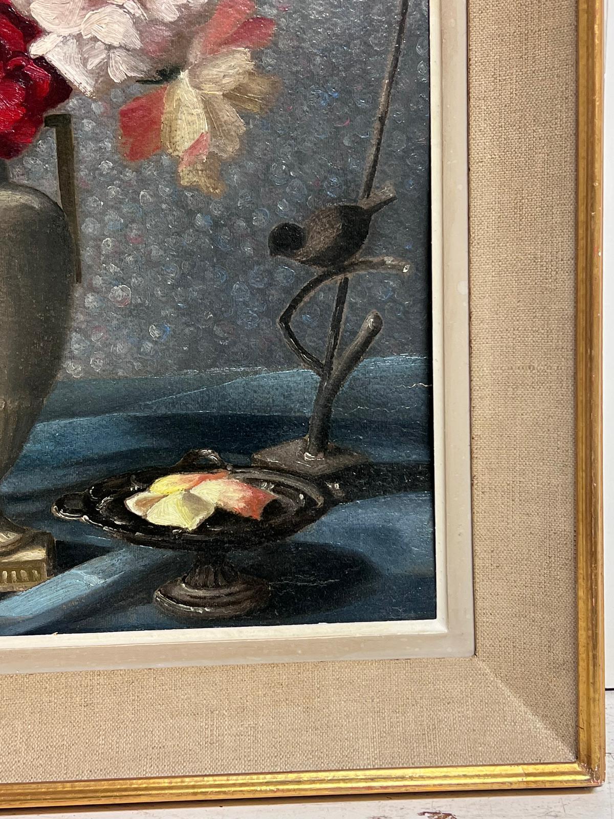 Flowers in Vase 1950's French Signed Oil Painting Interior Room Scene framed For Sale 4