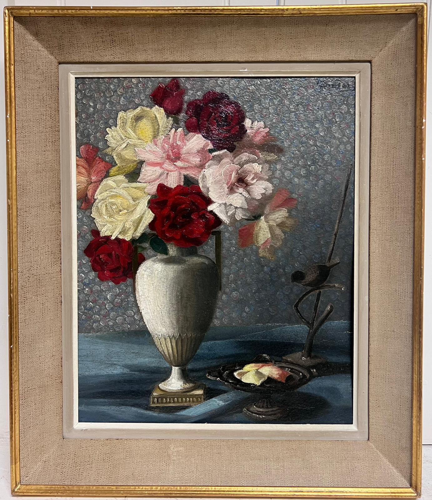 Still-Life Painting 1950's French  - Flowers in Vase, peinture à l'huile française des années 1950, encadrée