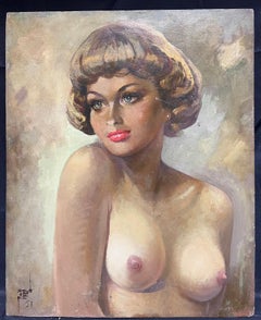 Large French Signed Oil Portrait of Nude Lady Signed & Dated 1950's Mid Century