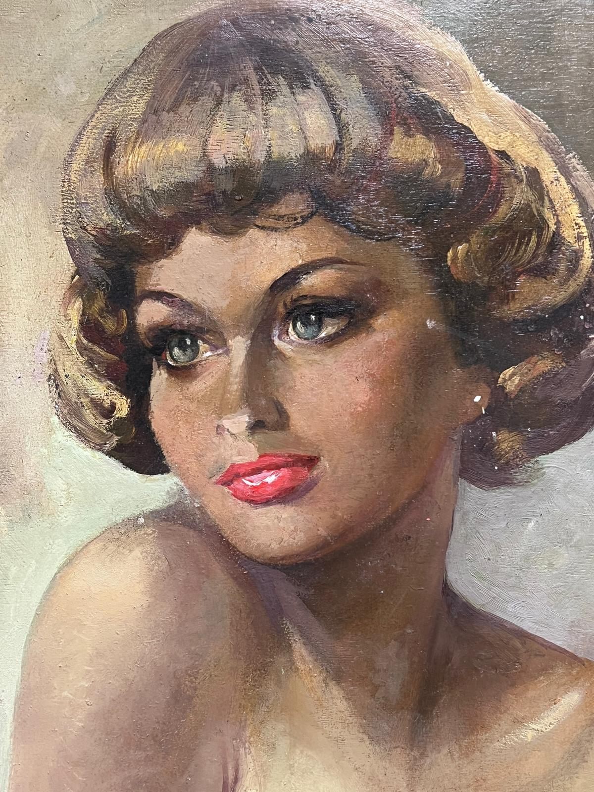 Gran óleo francés firmado Retrato de dama desnuda Firmado y fechado Años 50 Mediados del siglo XX - Nude Painting Marrón de 1950's French 