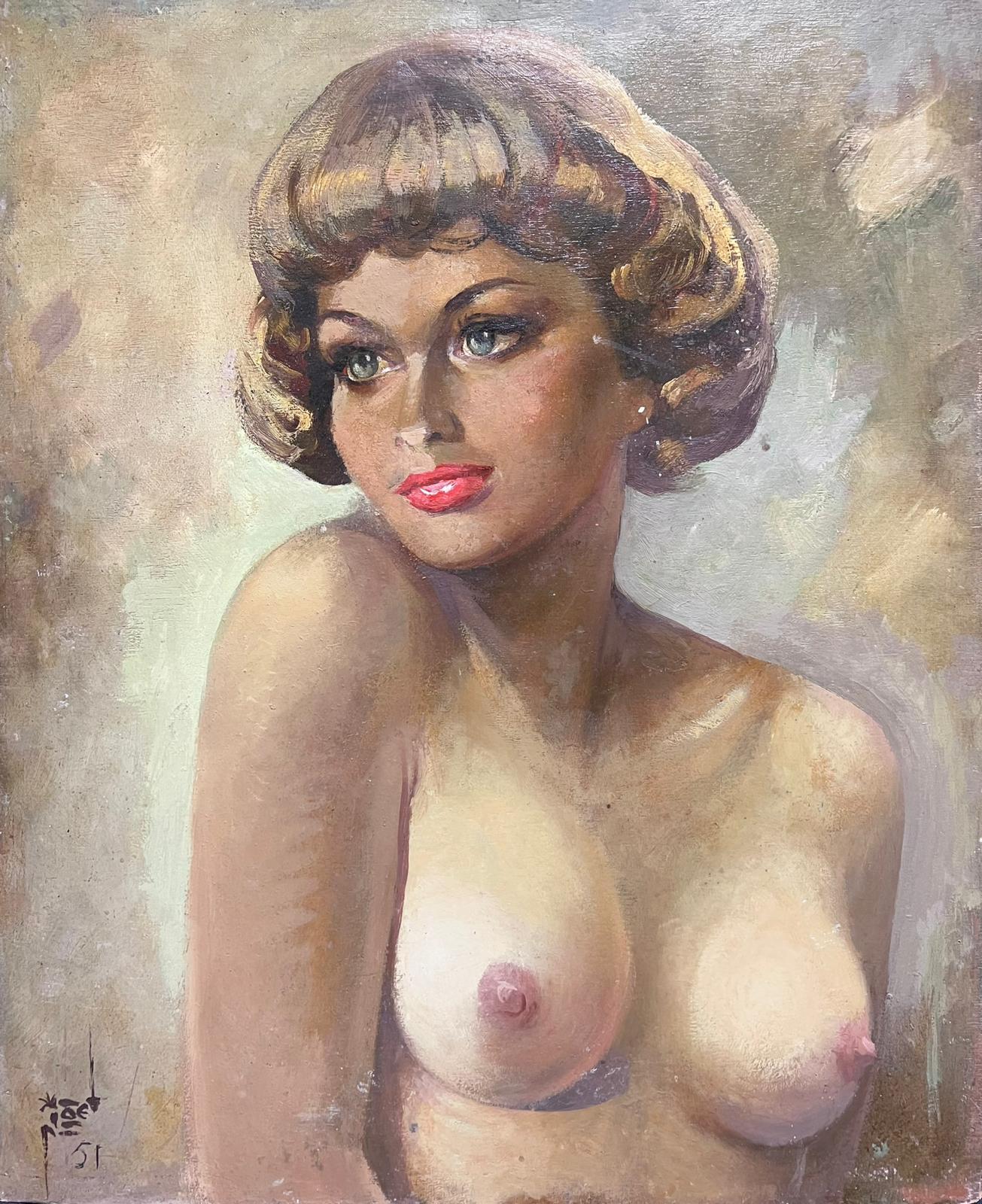 Nude Painting 1950's French  - Grand portrait à l'huile d'une femme nue signé et daté 1950 - milieu du siècle