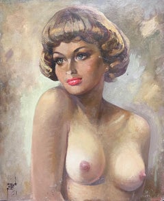 Large French Signed Oil Portrait of Nude Lady Signed & Dated 1950's Mid Century