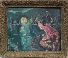 Mid 20th Century French Expressionist Oil Elegant Lady looking over Moonlit Lake