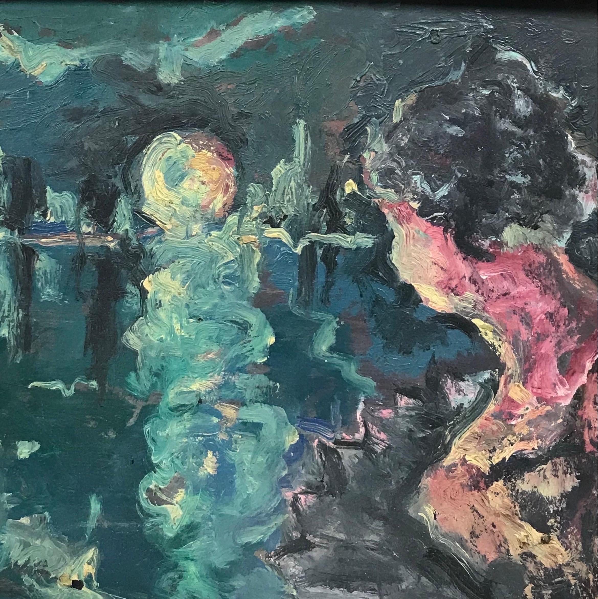 Huile expressionniste française du milieu du 20e siècle Dame élégante regardant un lac au clair de lune - Expressionniste Painting par 1950's French 