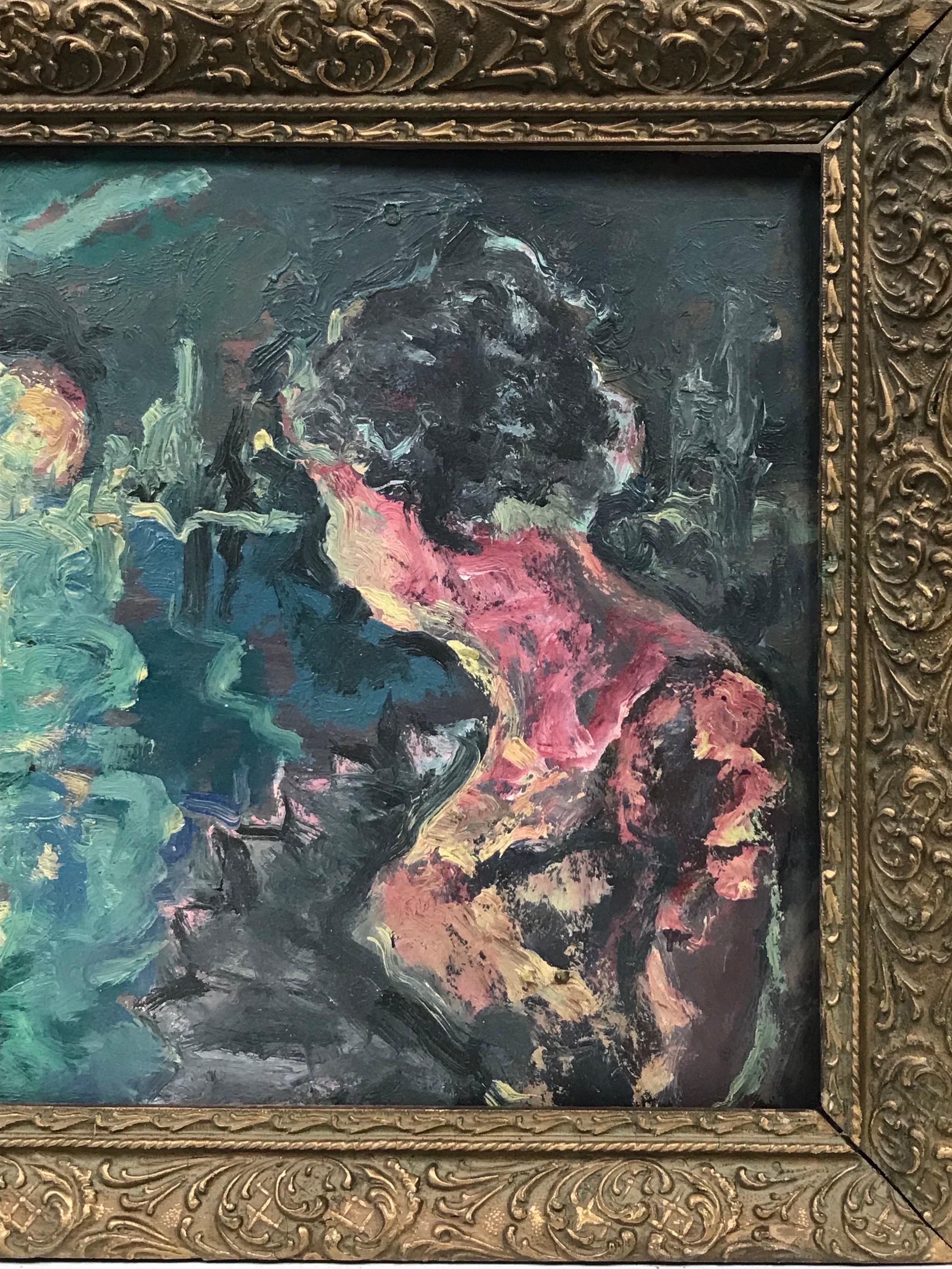 Artist/ School: French School, circa 1950's

Title: an expressionist painting depicting an elegant lady overlooking a moonlit lake view. 

Medium: oil on board, framed 

Framed: 13 x 15 inches
Board: 10.5 x 11.75 inches

Provenance: private