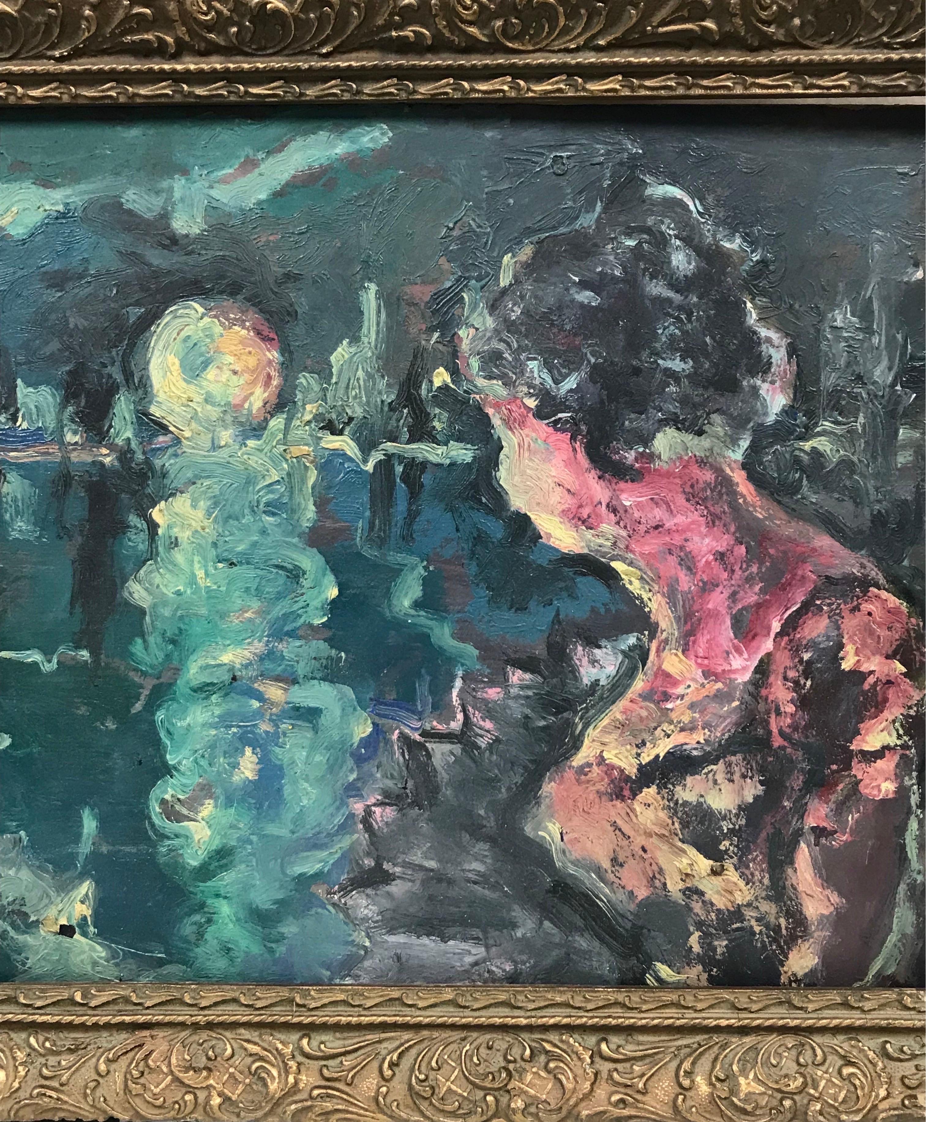 Huile expressionniste française du milieu du 20e siècle Dame élégante regardant un lac au clair de lune en vente 1