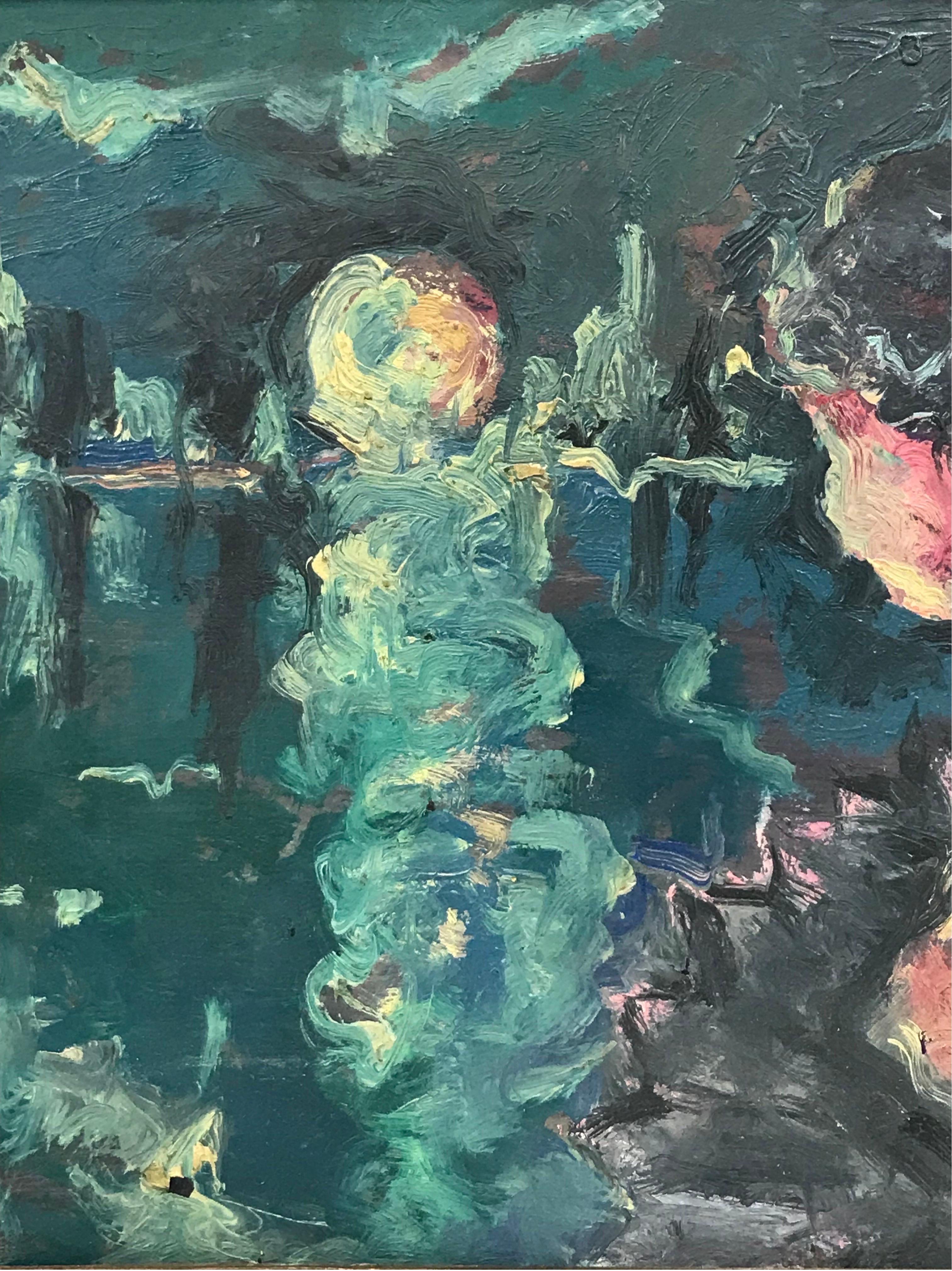 Mid 20th Century French Expressionist Oil Elegant Lady looking over Moonlit Lake For Sale 2