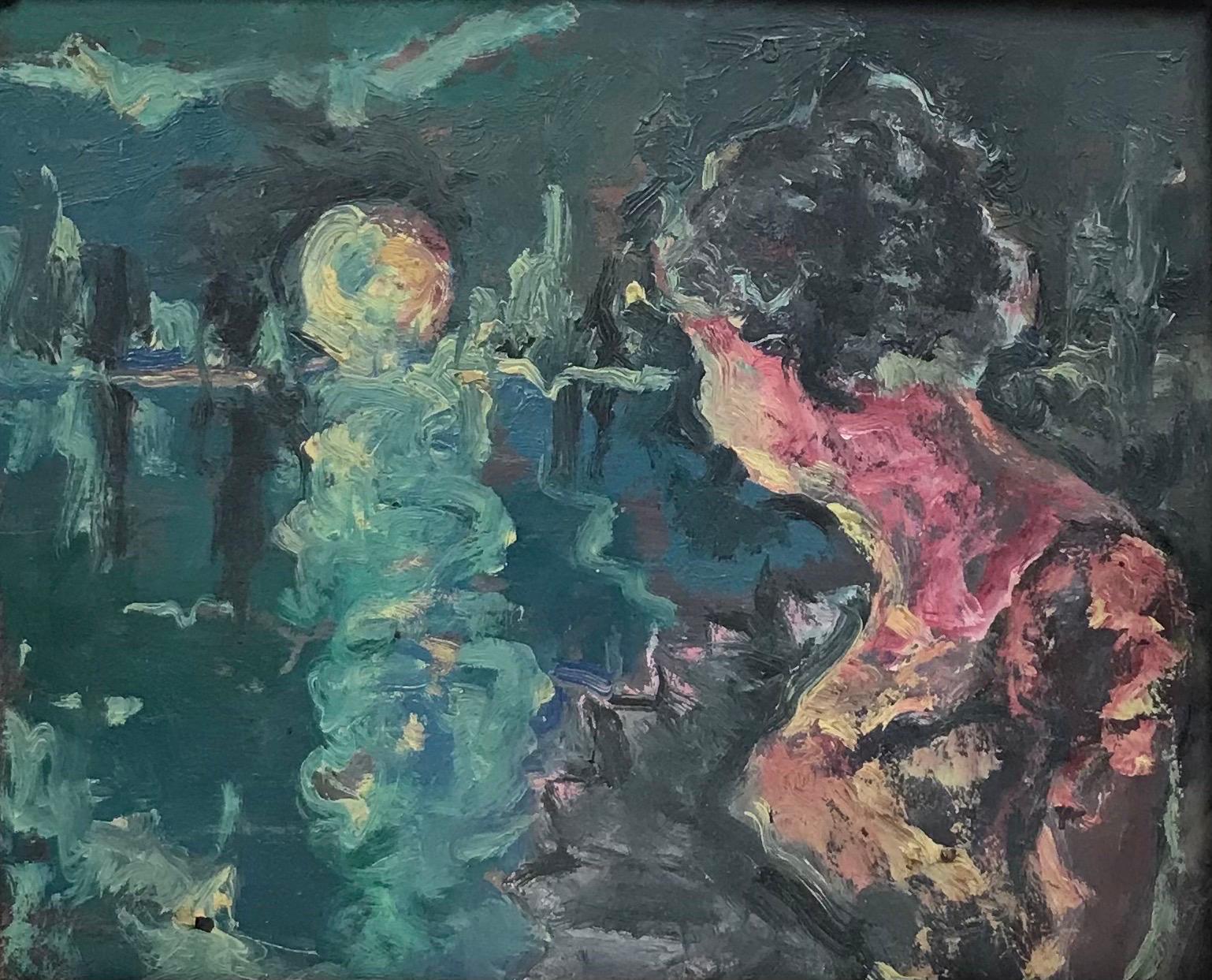 Abstract Painting 1950's French  - Huile expressionniste française du milieu du 20e siècle Dame élégante regardant un lac au clair de lune