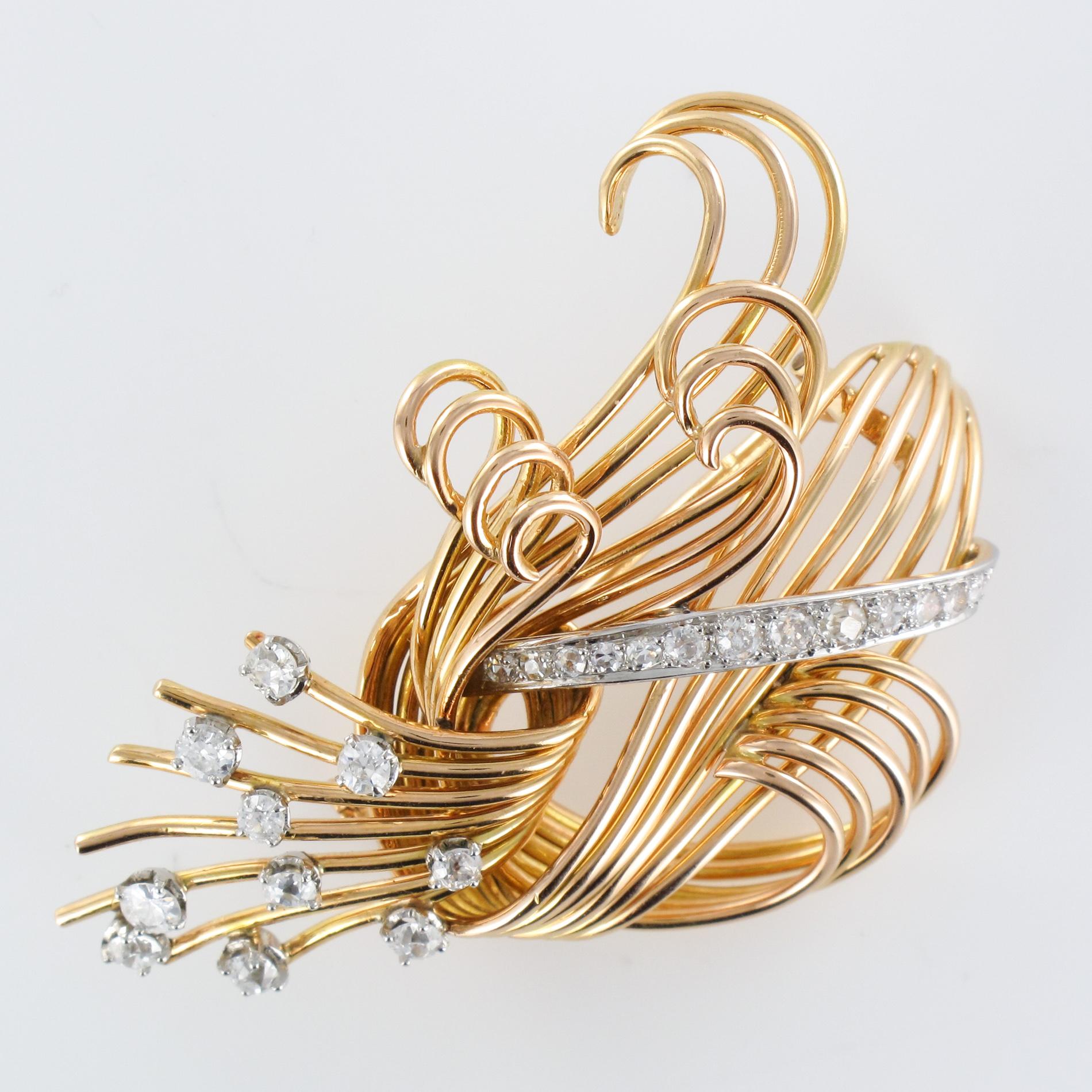 Spilla retrò francese degli anni '50 con 1,25 carati di diamanti in platino e oro giallo 18 carati in vendita 1