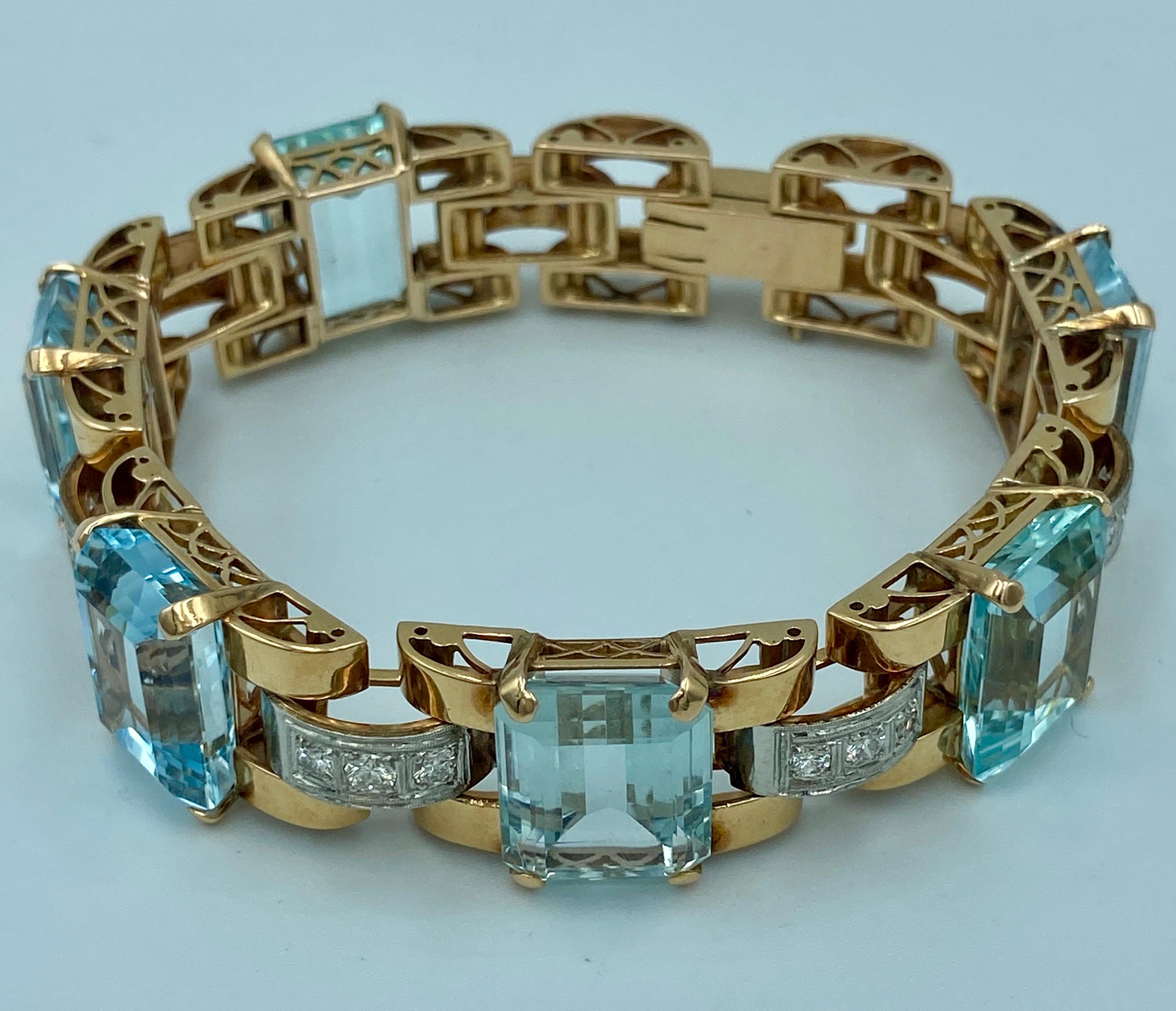 This exquisite bracelet made of 18 carat gold, consists of 6 aquamarines of 8 carats each and of approximately 1 carat of single cut diamonds. It is French made from 1950s.

Although it is sold separately, the bracelet is a part of a set which