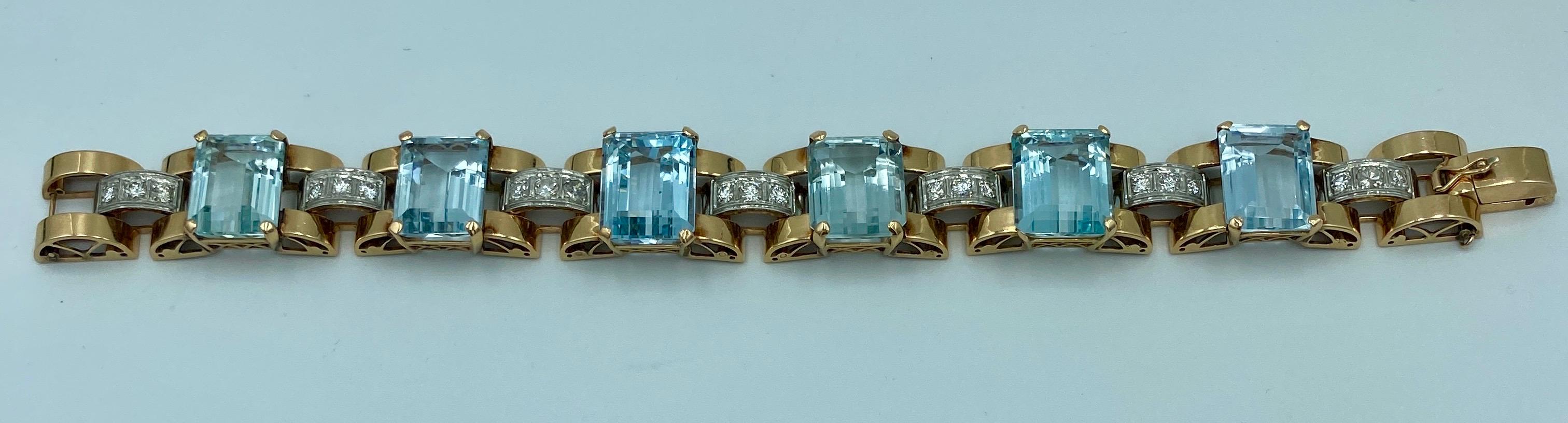 Modern 1950s French 18 carat gold aquamarine and diamond bracelet
