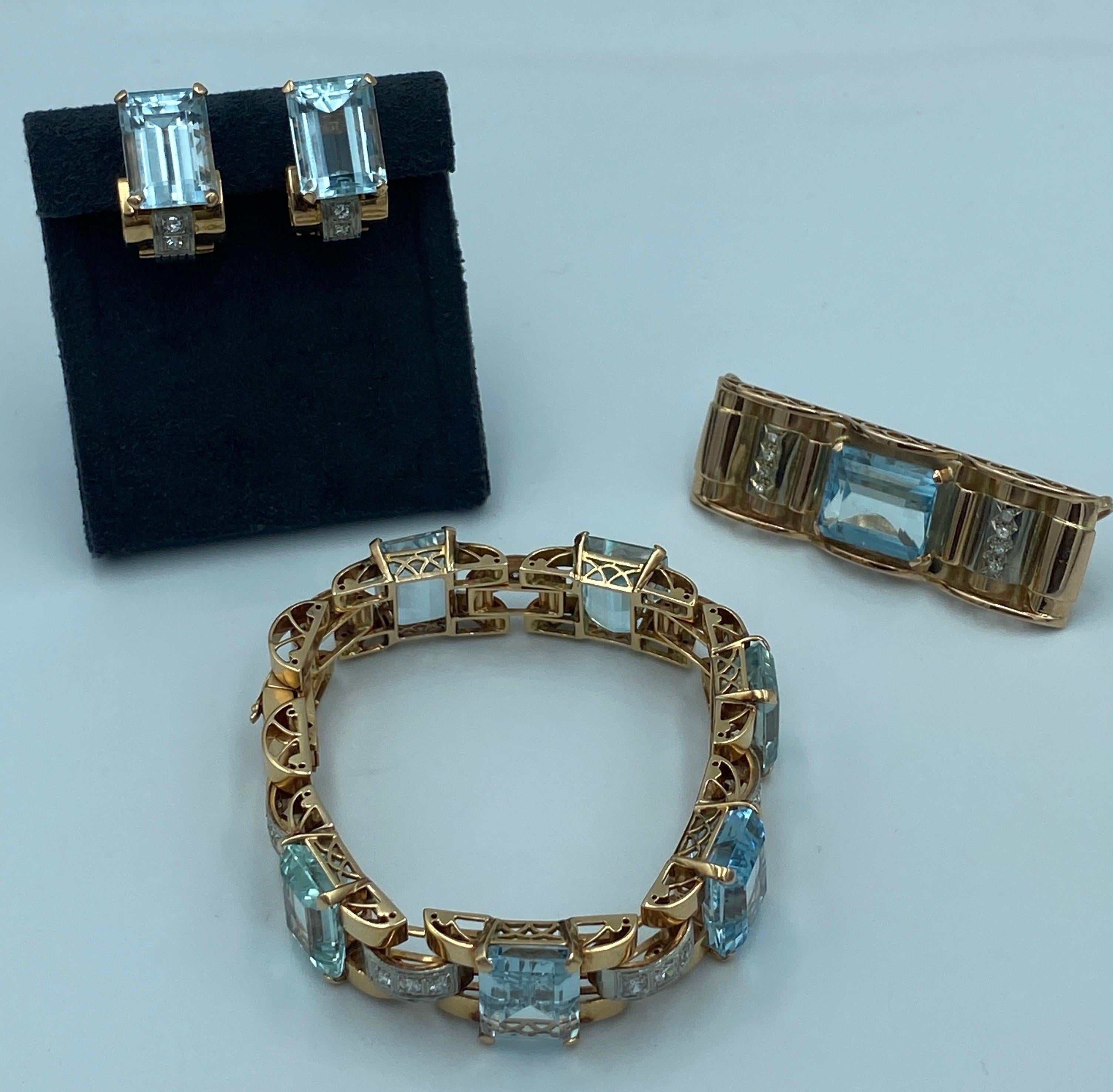 1950s French 18 carat gold aquamarine and diamond bracelet 1