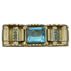 1950s French 18 carat gold aquamarine and diamond brooch