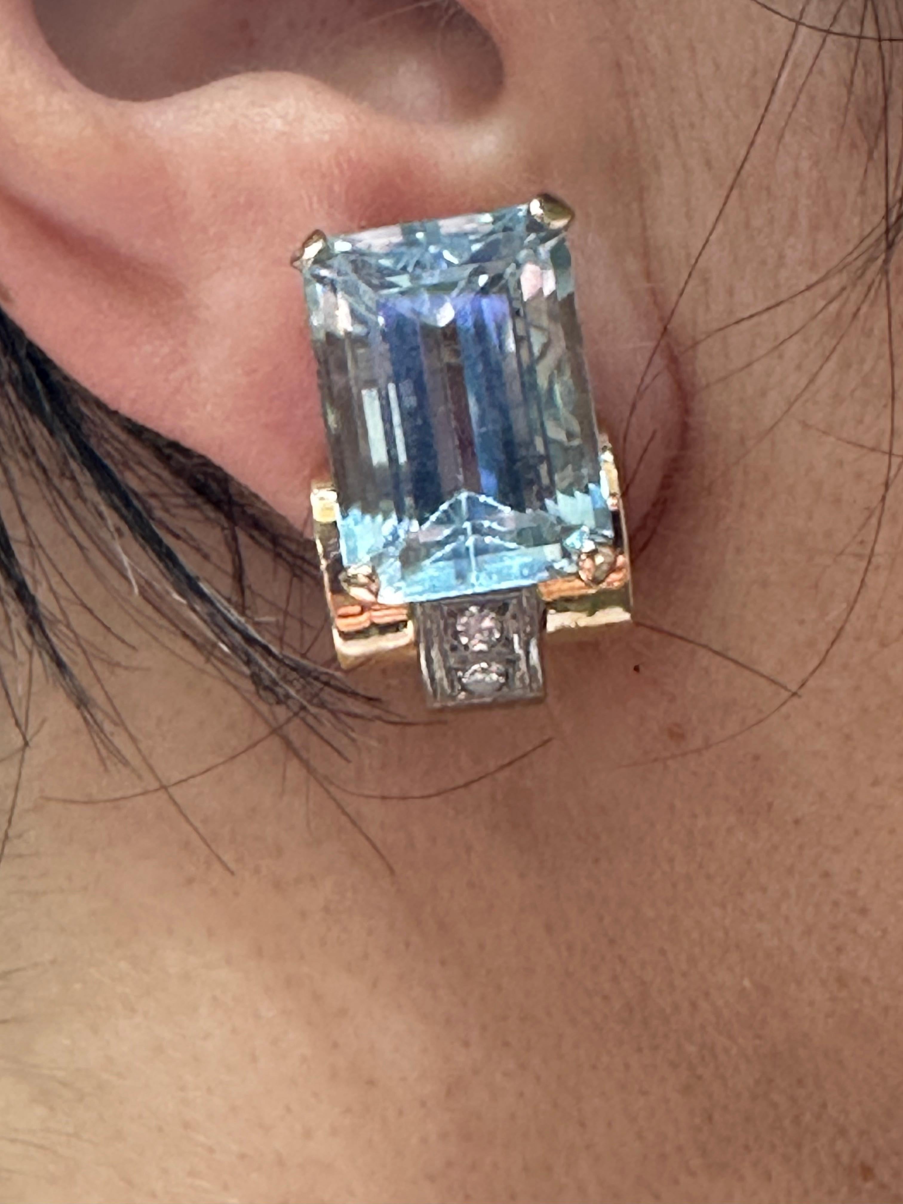 Emerald Cut 1950s French 18 carat gold aquamarine and diamond earrings For Sale